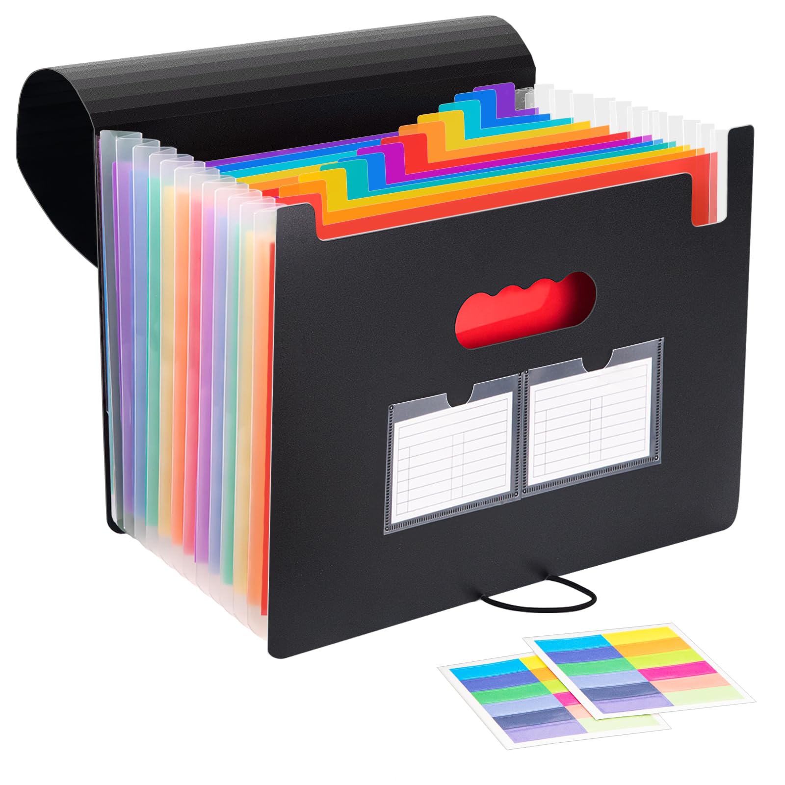JEFURE Accordion File Organiser A4, 13 Pockets Expanding File Folder, Document Organiser with Sticker Cards, Portable Receipts Paperwork Organiser for Home, Office and School, Black