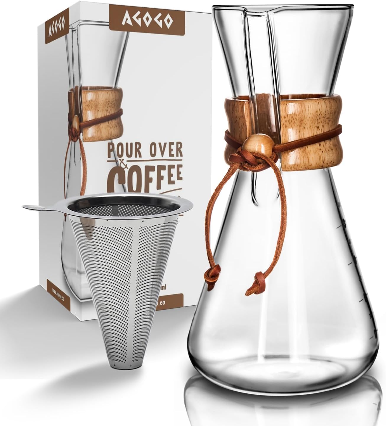 AGOGO Pour Over Coffee Maker Set Woodneck Drip Pot 304 Stainless Steel Filters Brush Cleaning Rags 6 Cup