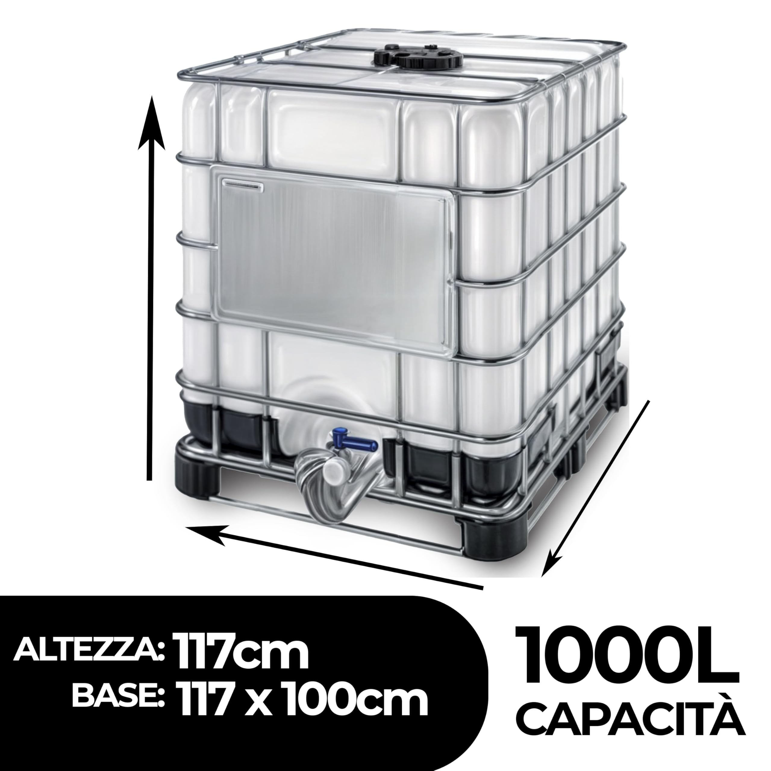 MASCHIO - Cisterna rettangolare traslucida (1000 litri, con paletta ibrida (metallo con tasselli in plastica) e per uso alimentare (non approvato ADR)