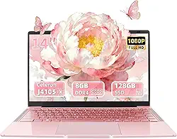 Laptop em ouro rosa de 14 polegadas, processador quad-core J4105, tela FHD IPS, 6 GB de RAM, SSD de 128 GB, PC Win 11 Pro, notebook ultraleve para viagens, aulas online, trabalho e estudo
