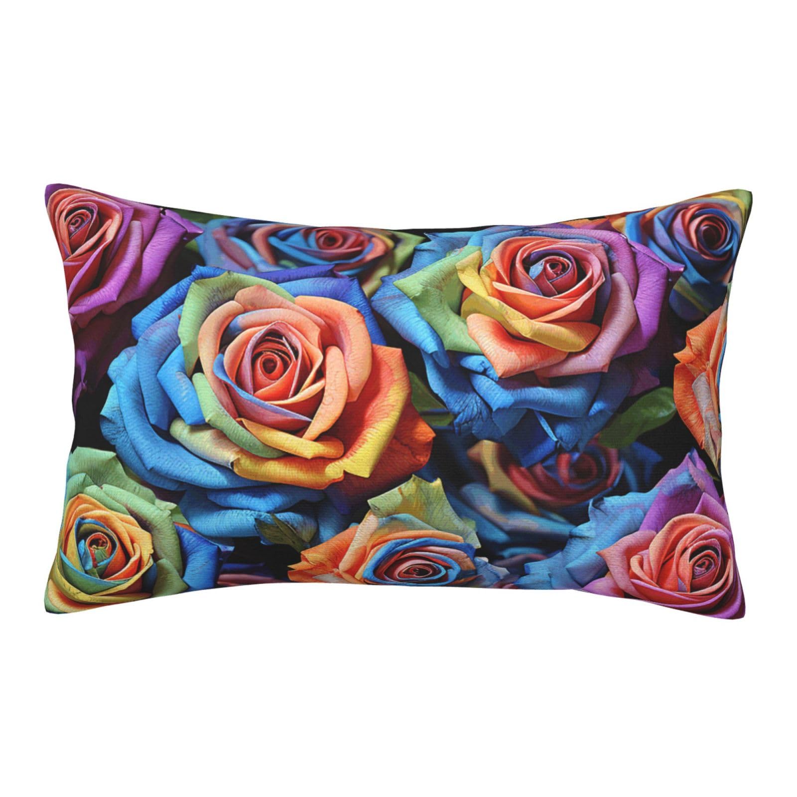 Velvet Pillowcases 14"x20" Ultra Soft Breathable Pillow Cases, Luxury Fuzzy Throw Pillow Covers with Zipper, Multicolor Roses on Black Background Pillow Shams Decorative Cushion Cases for Couch
