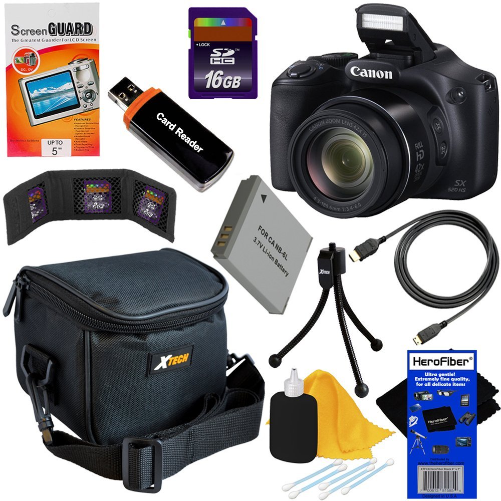 HeroFiber Powershot SX520 HS 16.0 MP Digital Camera with 42x Optical Zoom and 1080p Full HD Video + NB-6L Battery + 9pc Bundle 16GB Accessory Kit w Ultra Gentle Cleaning Cloth