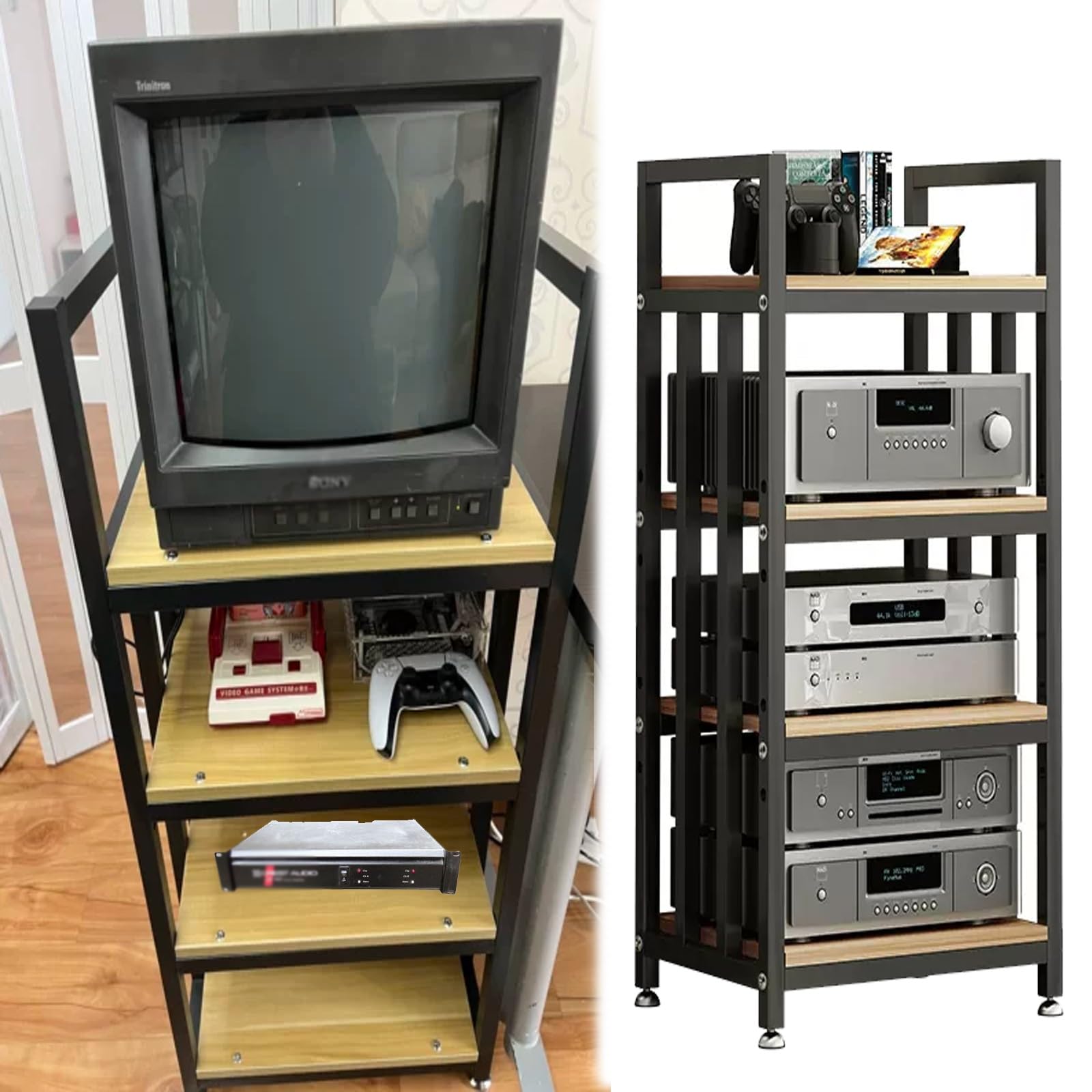 Soporte estéreo de suelo negro HiFi – Soporte de componentes de audio y vídeo ajustable de 100 cm de altura elegante estante de madera para el hogar y la oficina, perfecto para la nización del sistema