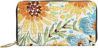 Carteiras femininas de couro genuíno aquarela girassóis motivo porta-cartão de crédito estojo com zíper organizador de embreagem de couro feminino bolsa longa de viagem, Tema de girassóis em aquarela, 7x4.3x0.8 Inches
