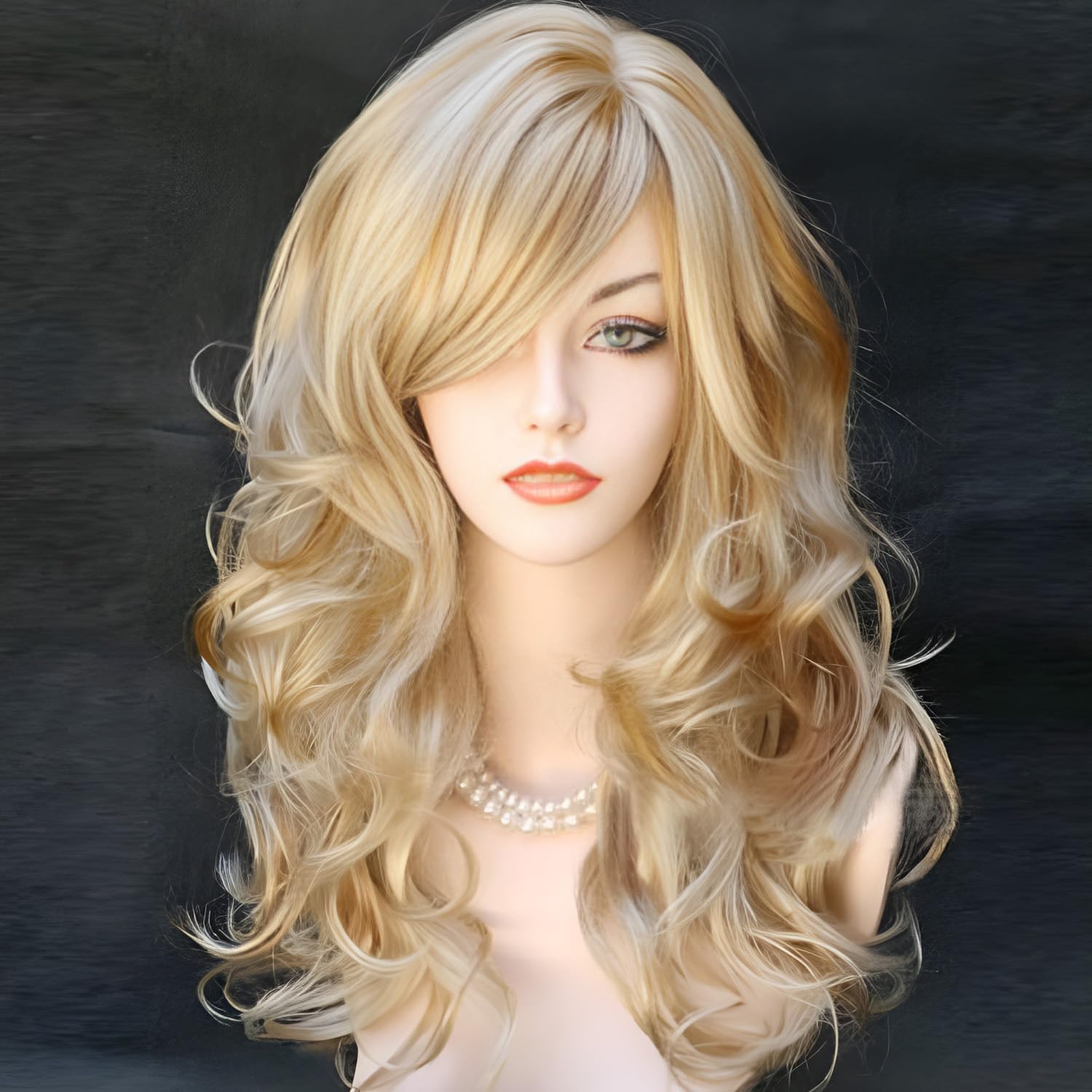 DSY Women's Long Curly Wavy Heat Resistant Golden Blonde Synthetic As Real Human Hair Wigs (blonde with Highlights)