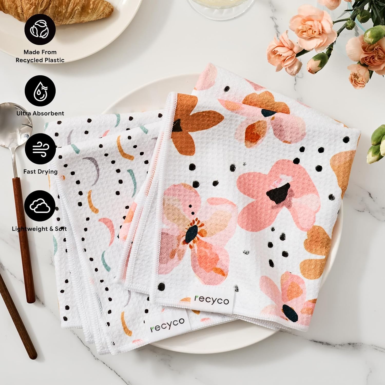 RECYCO Waffle Kitchen Towel Set of 2 - Quick Dry Microfiber Sustainable Dish Towels - Ultra Absorbent Reusable Cleaning Tea Towels - Lightweight Hand Towels,16”x 28”, Blossom Breeze - Image 2