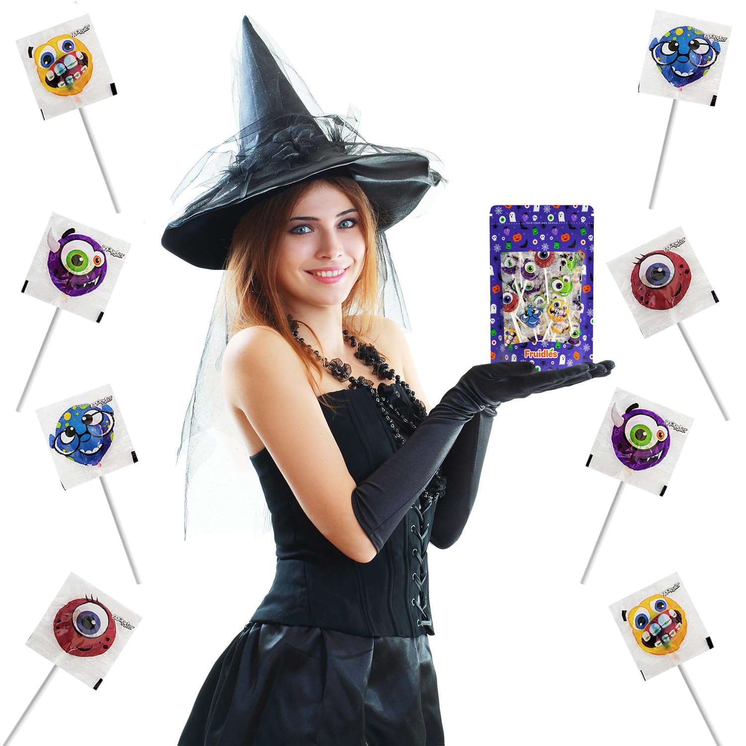 40 paletas de monstruo de Halloween, caramelos variados, rellenos de bolsas de golosinas, envueltos individualmente de 8 gramos