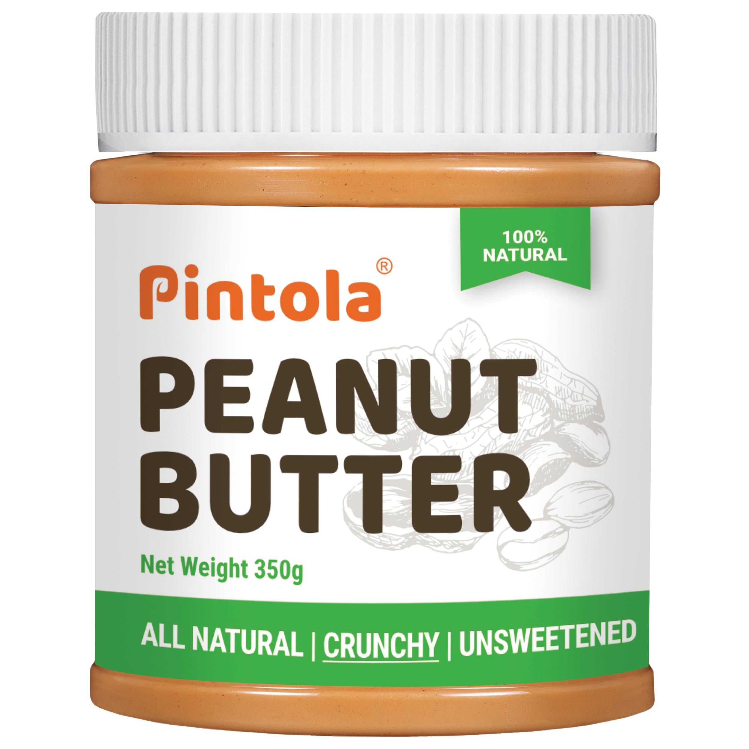 Pintola All Natural Peanut Butter Crunchy 350g | Smooth, Unsweetened, 30g Protein | Gluten & Cholesterol Free, Vegan Peanut Butter, Nut Butter, High in Protein Spread, 100% Pure Roasted peanuts butter
