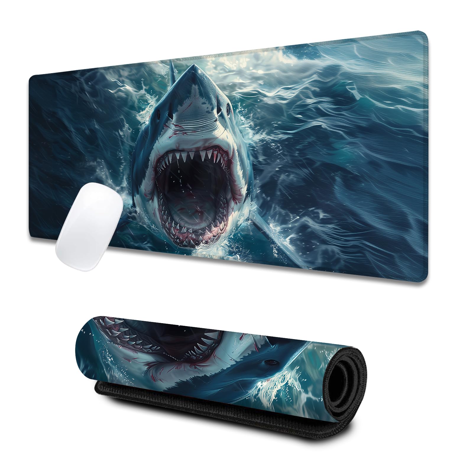 VODRM Great Shark Large Gaming Desk Mat,Rubber Non-Slip Cute Ocean Mouse Pad,31.5x11.8x0.12in Extended Cool Blue Mousepad,Game Lover Mice Pads Gifts,