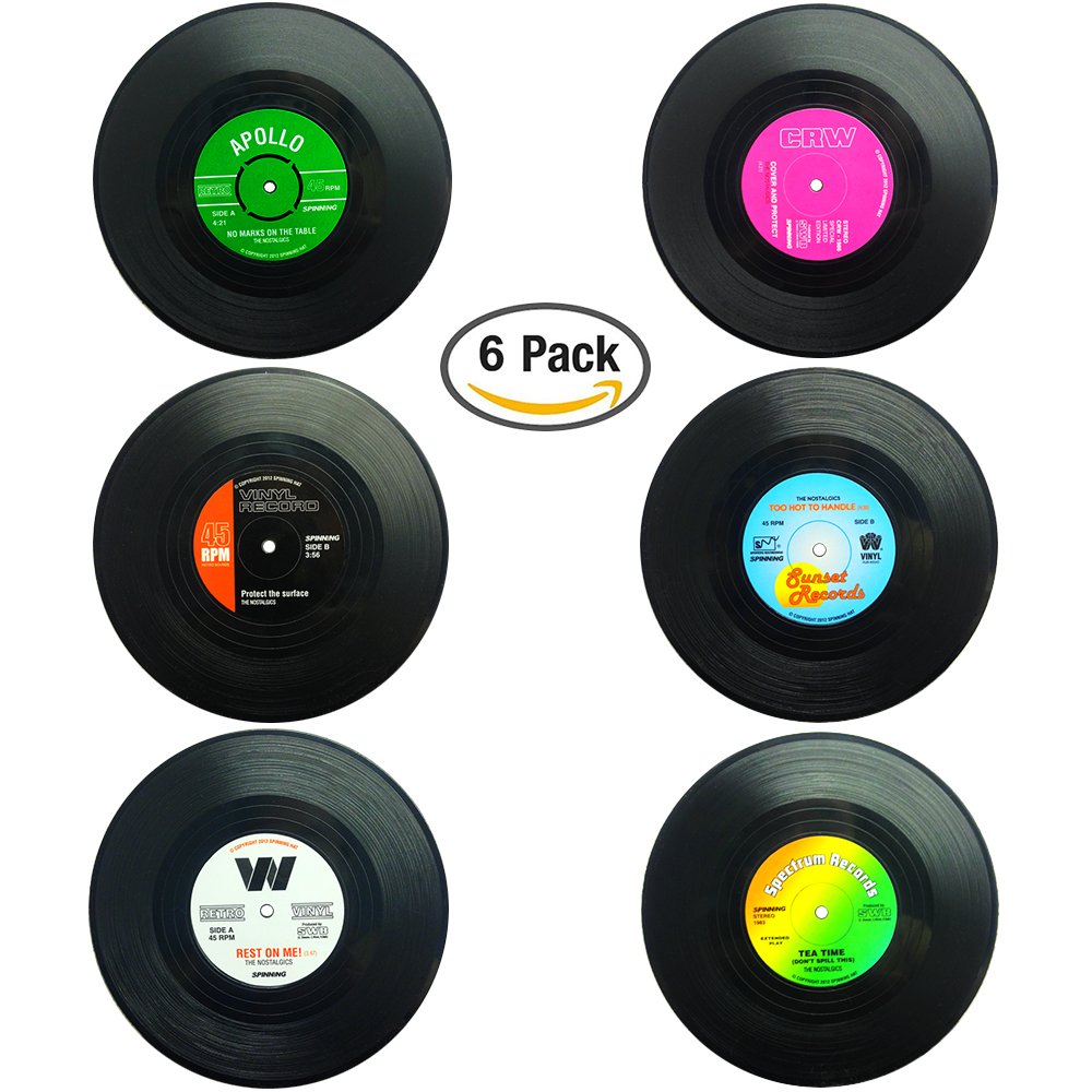 Senhai Set de 6 Posavasos de Vinilo Retro, Protección Antideslizante para Bebidas Frías y Calientes