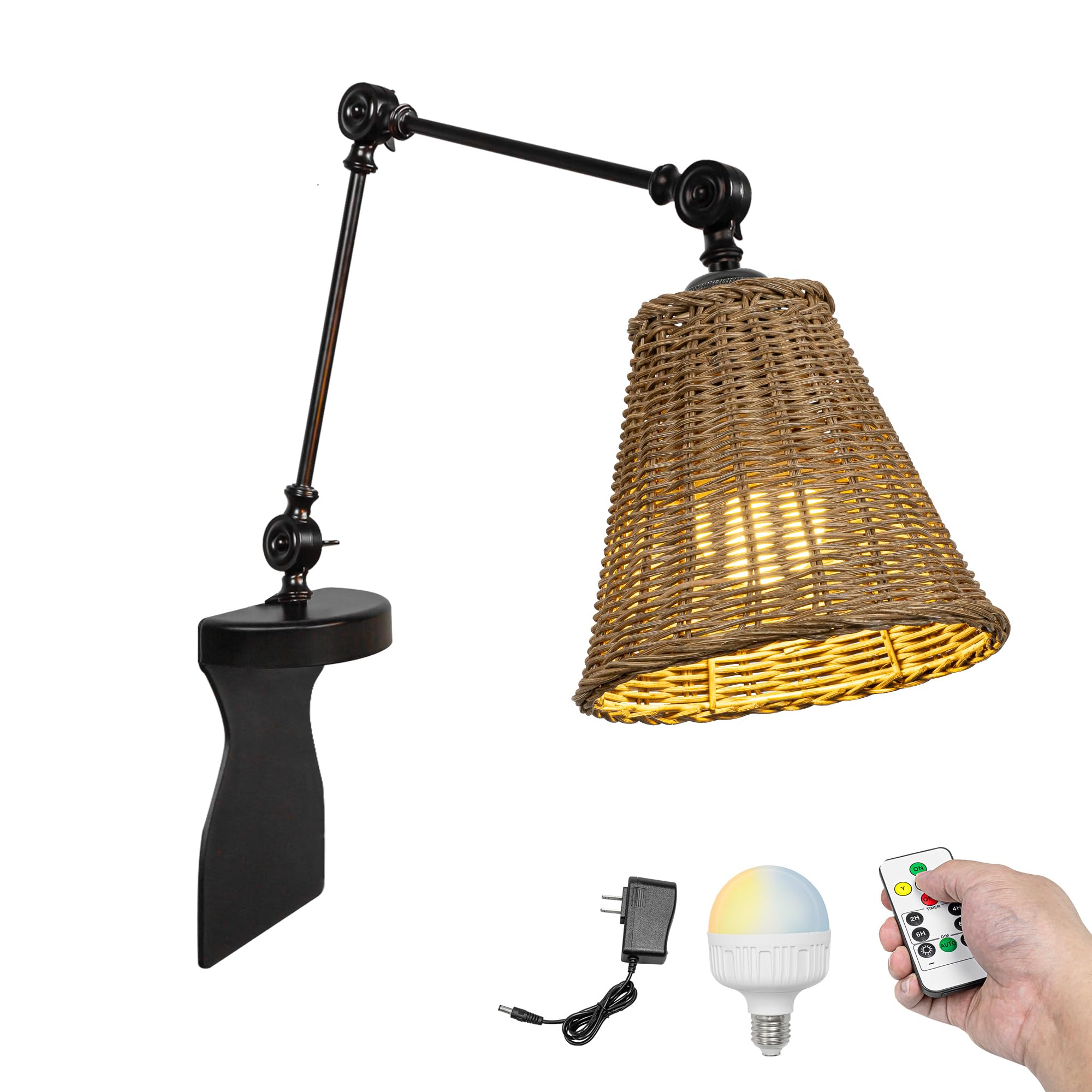 Kiven Battery Operated Headboard Reading Light, Dimmable No Drilling Reading Lamp, Farmhouse Rattan Nightstand Lamp with Adjustable Swing Arm,Remote for Reading Bedside Side Table Desk DZ0512