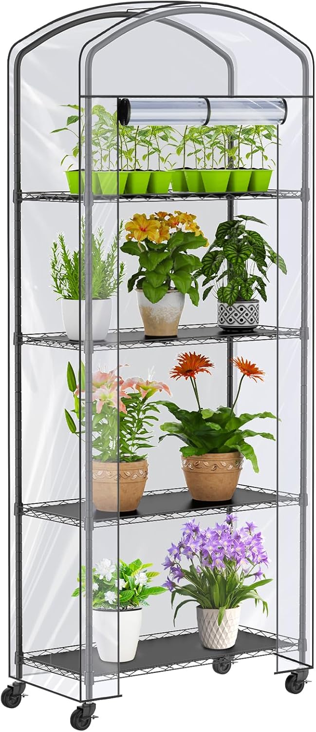 Abimars 4-Tier Greenhouse with Wheels, Height-Adjustable Shelves Metal Plant Shelf with PVC Cover for Seed Starting Trays, Seedling Pots, Plant Pots, 13x29x73inch