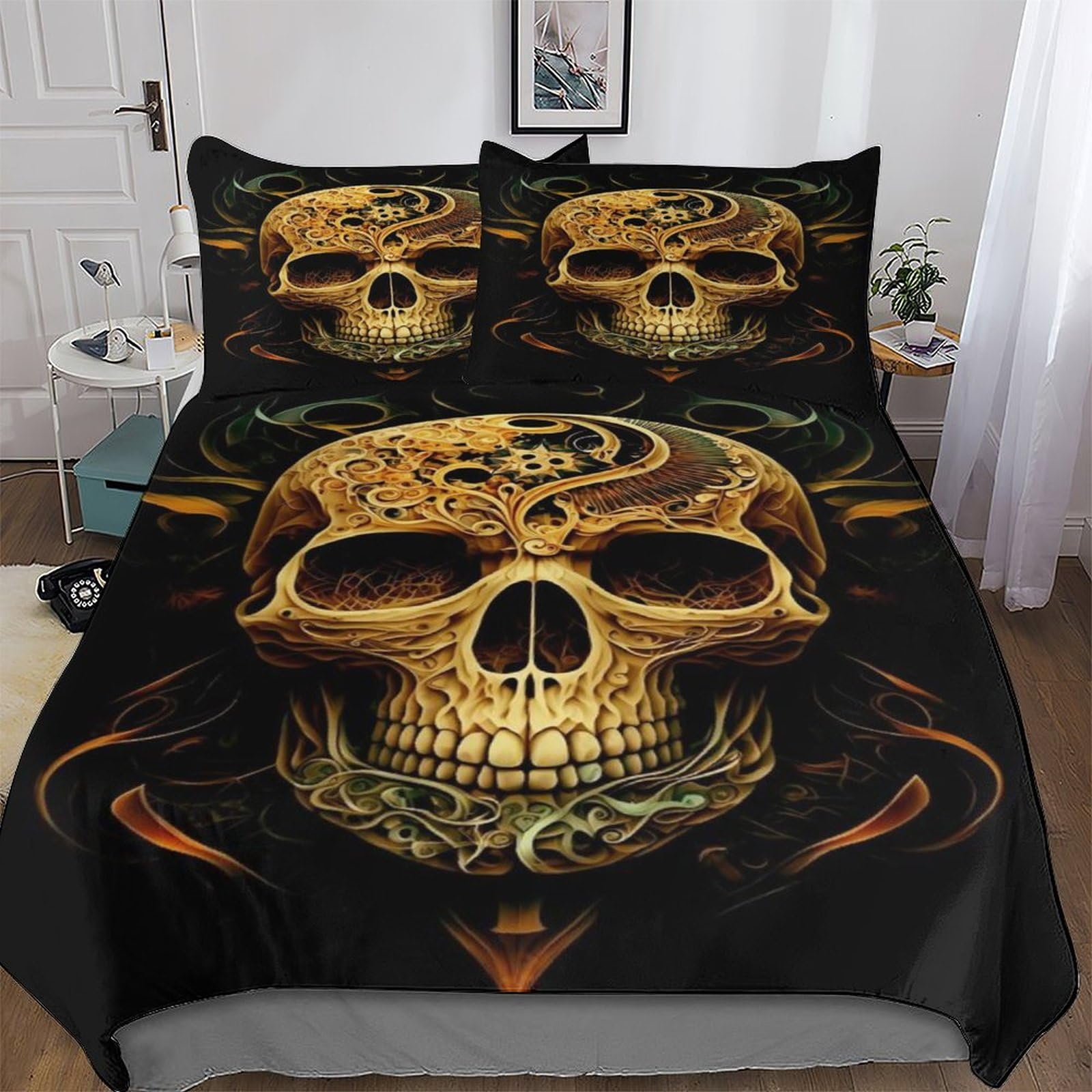 Housse de couette crâne 220x240 cm parure de lit 3 pièces en microfibre avec taies d'oreiller