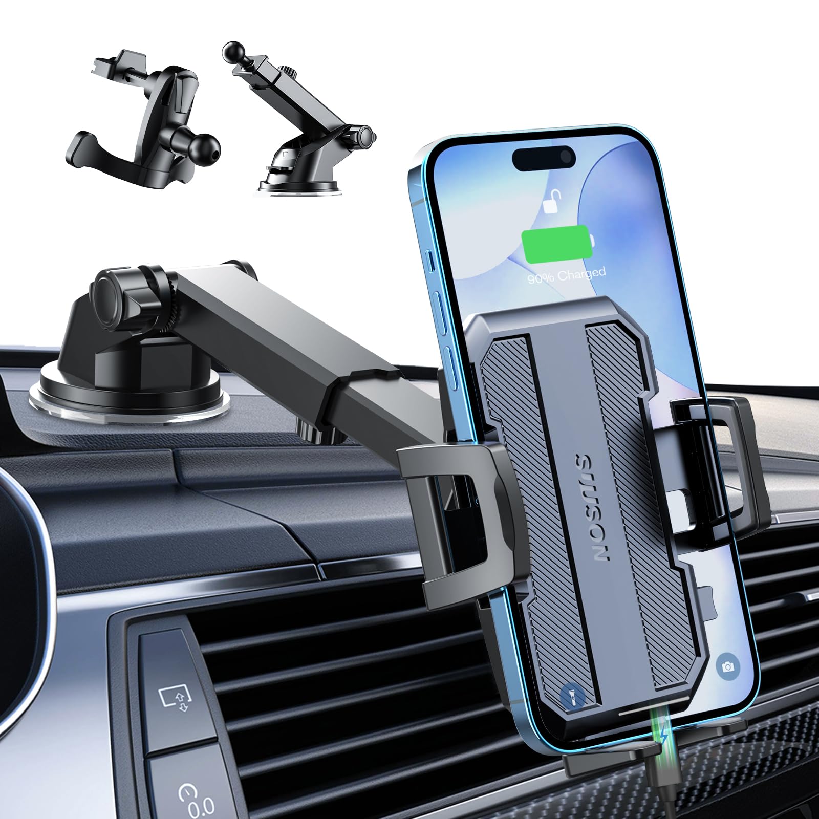 SUUSON 2024 Upgraded 3-in-1 Car Phone Holder, Cell Phone Holder Truck Stand for Dashboard Windshield Vent for All iPhone&Android Phone