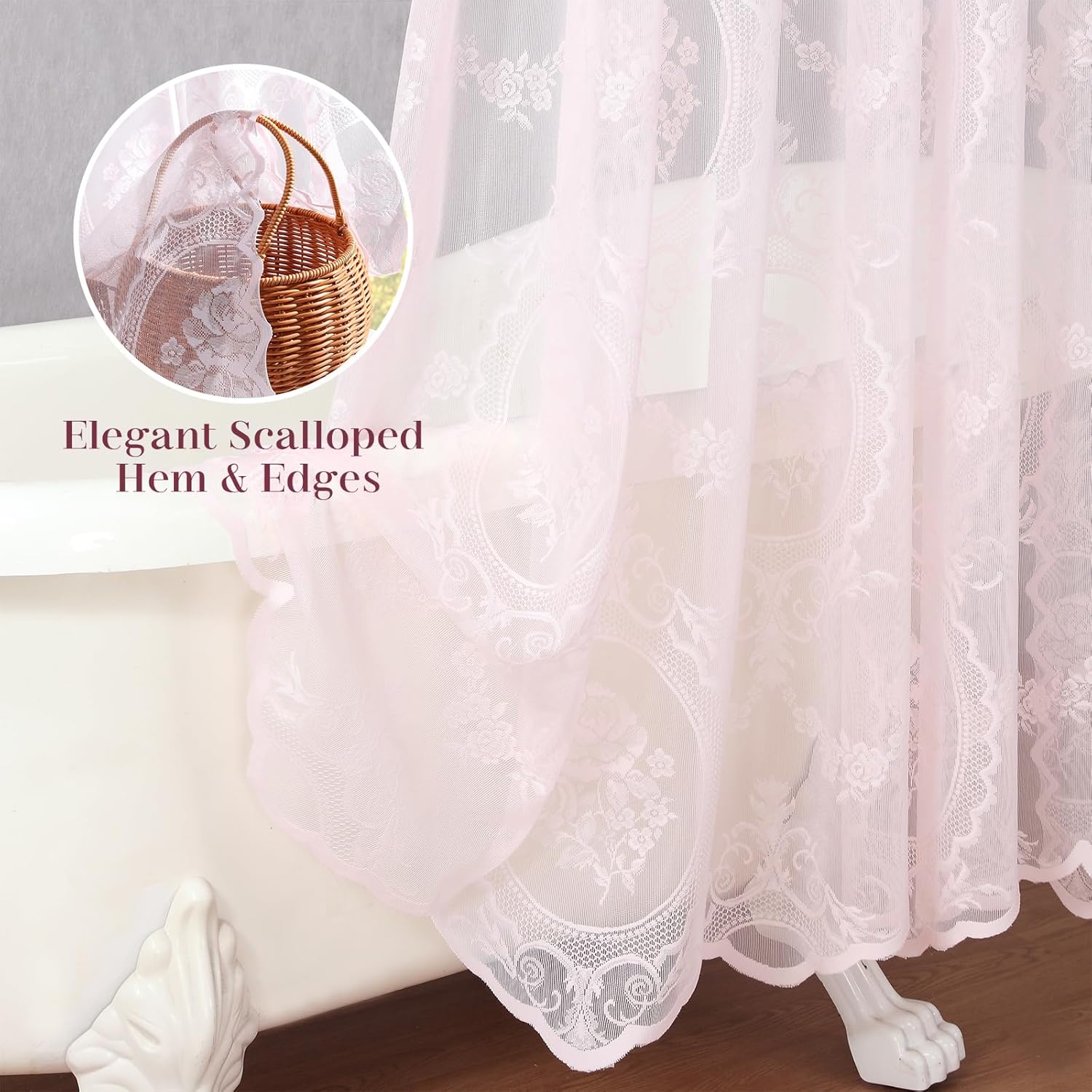 Pink Lace Shower Curtain with Valance and Tassel, Shabby Chic Romantic Floral Sheer Shower Curtain, Vintage Scalloped Edge Decorative Bathroom Curtain for Girls & Women, 72" W x 72" L
