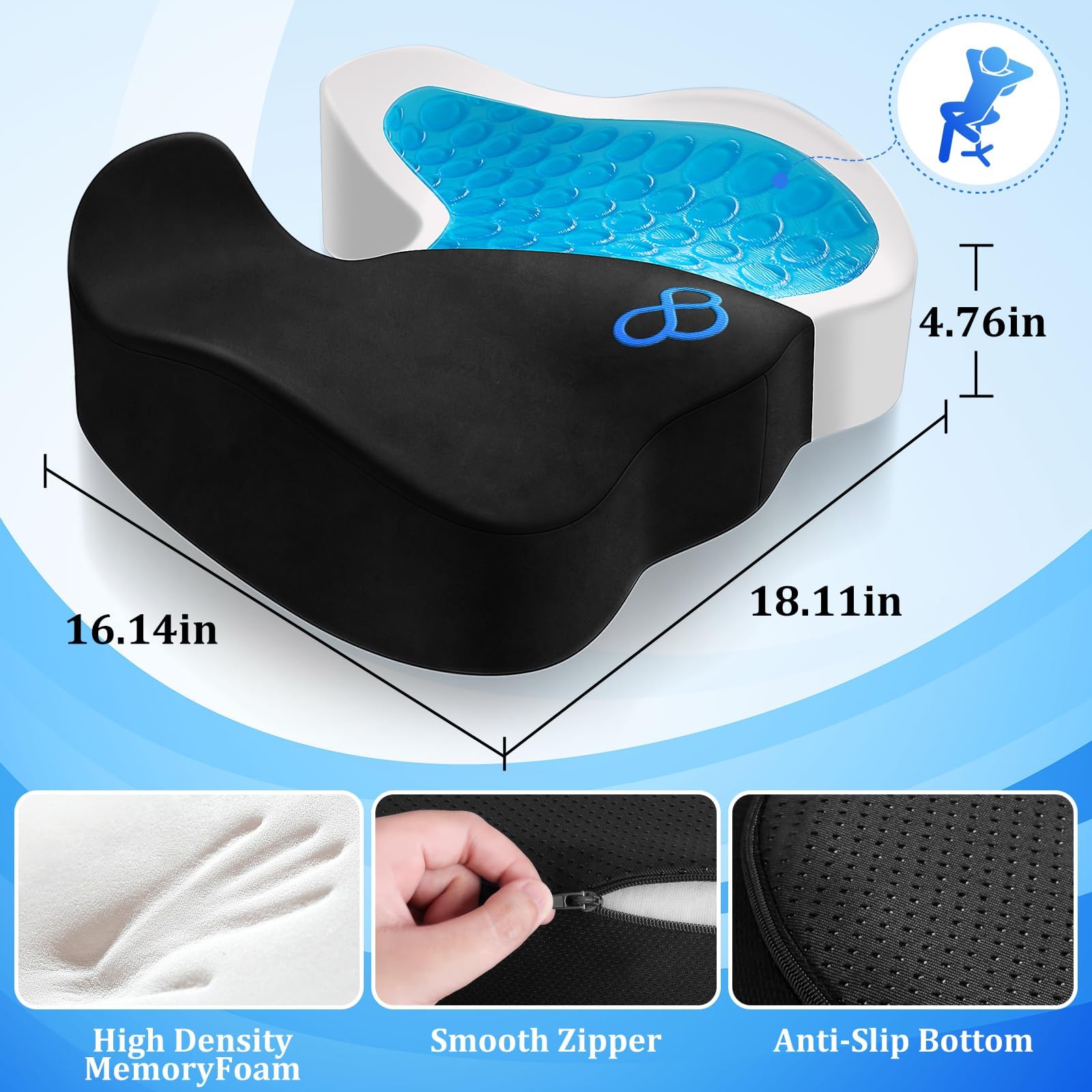 Seat Cushion Gel Chair Cushions Office Chair Cushions Anti-Slip Bottom Removable Cover Tailbone Pain Relief Cushion Memory Foam — view 2