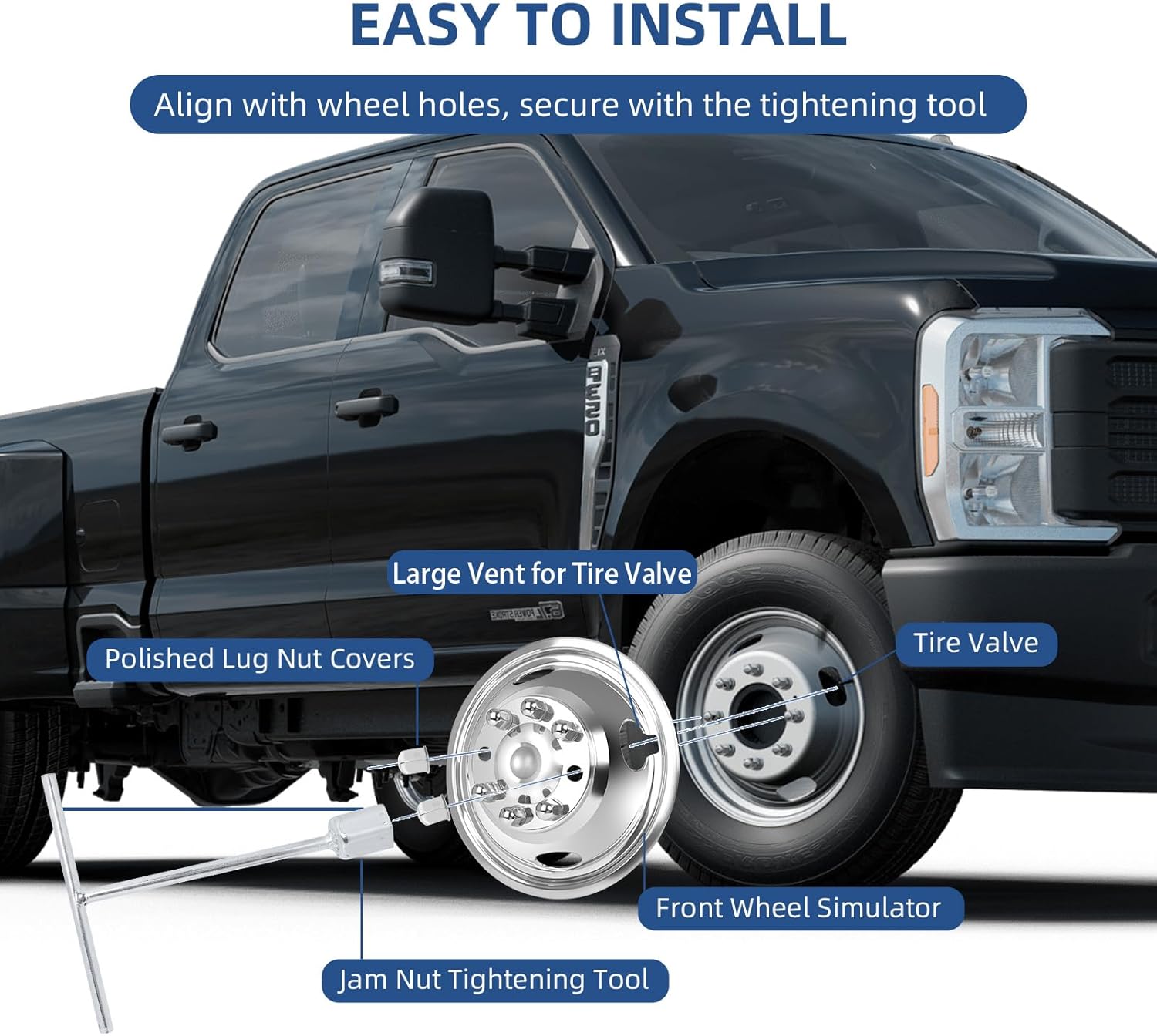 hightall 17 Wheel Simulators, 17" 8 Lug 4 Hand Holes Stainless Steel Hubcaps,Polished Surface,2Pcs Front Wheel/2Pcs Rear Wheel,Bolts On Wheel Cover Set Compatible with Ford 2005-2025 F350 Truck