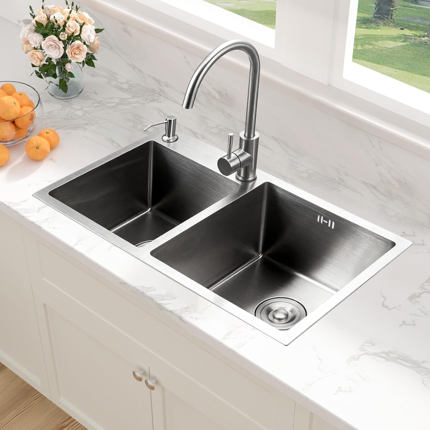 Double Kitchen Sink, 32.2 * 17.7 inch Drop in & Topmount Double Bowls, Nano-Coated Stainless Steel Sinks with Faucet, Easy Installation with All Accessories