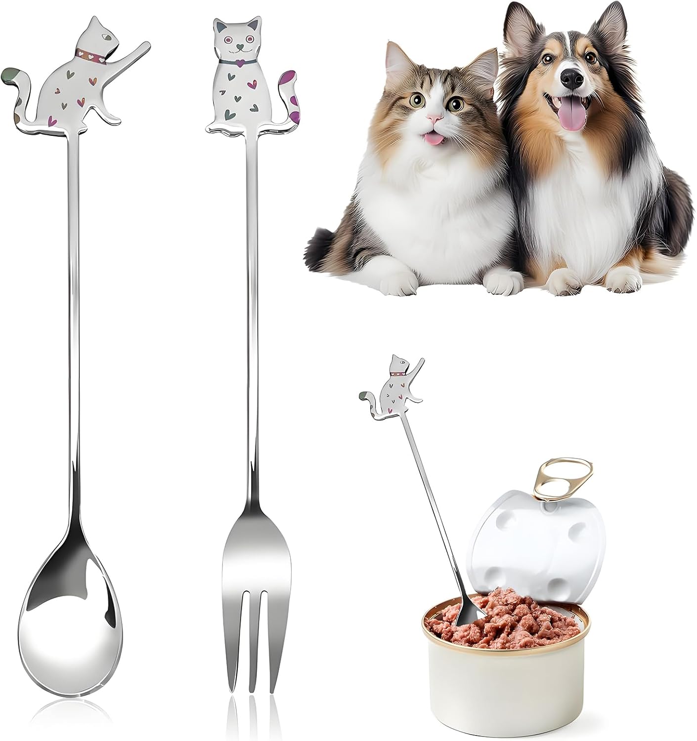 Pet Food Scoop and Fork Set, 2 pcs Small Cute Cat Stainless Steel Forks and Spoon Easy Clean Cat Treat Spoon Set for Can Wet Food Pet Food Scoop and Fork Set, 2 pcs Small Cute Cat Stainless Steel Forks and Spoon Easy Clean Cat Treat Spoon Set for Can Wet Food