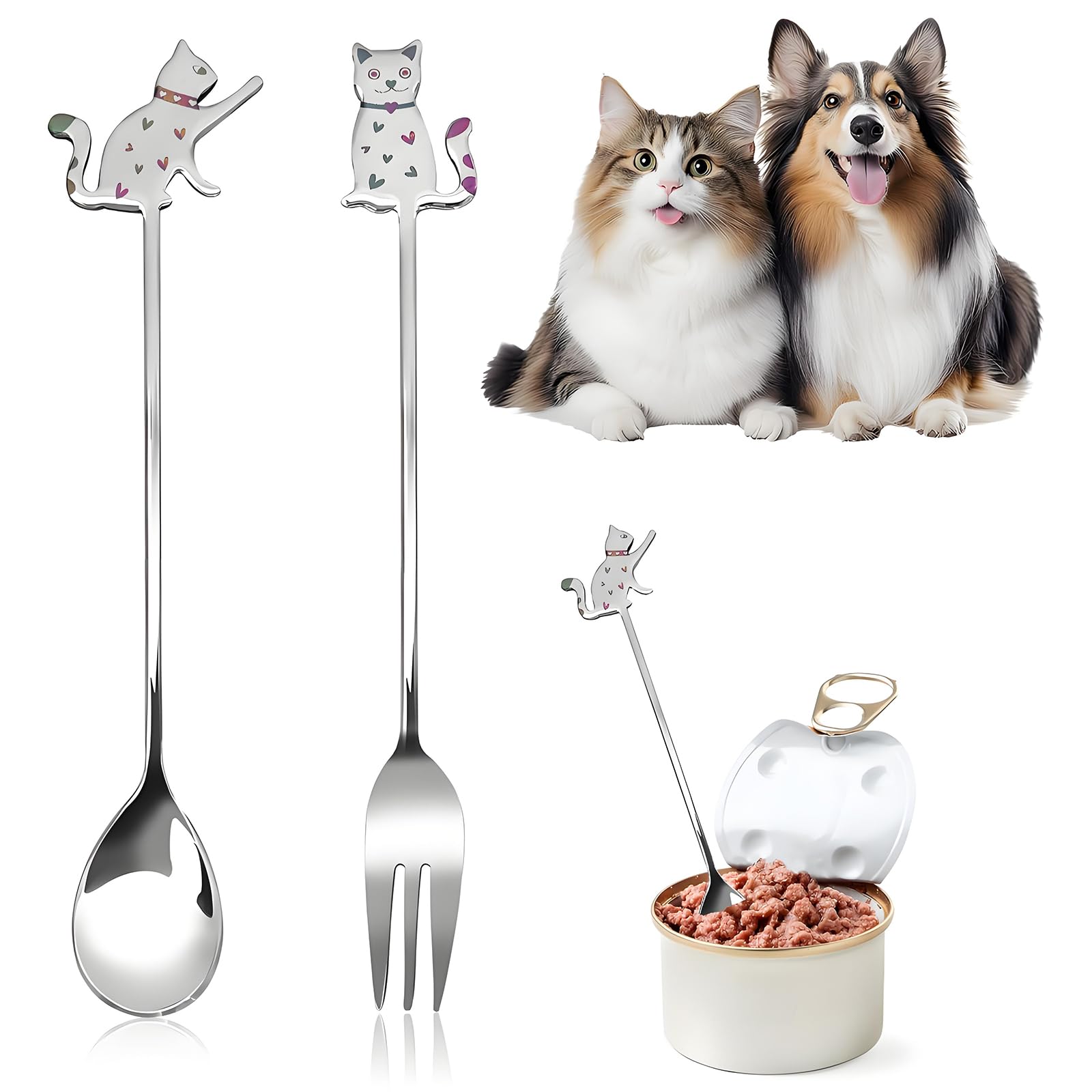 FloraMolly Pet Food Scoop and Fork Set, 2 pcs Small Cute Cat Stainless Steel Forks and Spoon Easy Clean Cat Treat Spoon Set for Can Wet Food (Colorful)