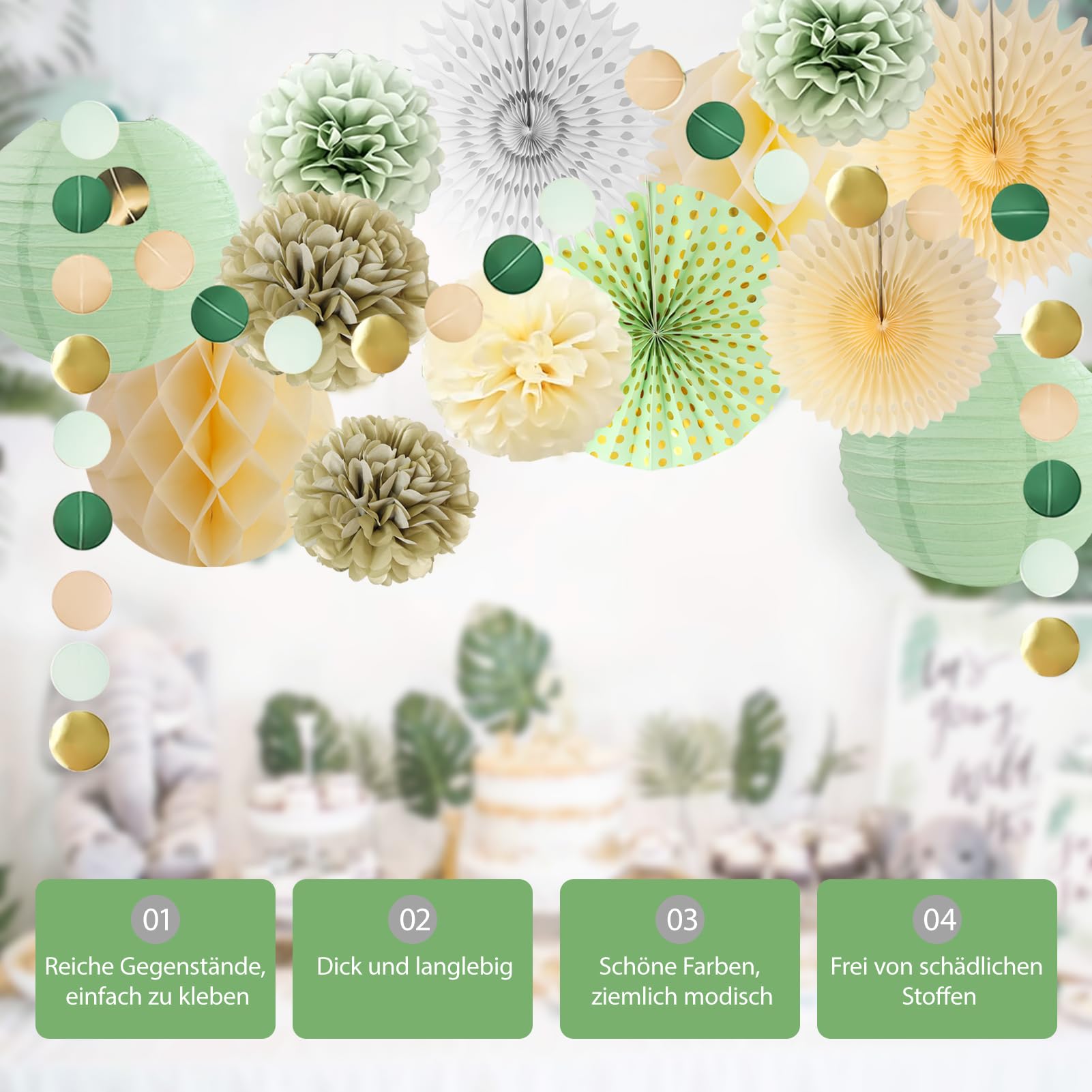 15 Pezzi Decorazioni Feste Sage Green con lanterne Carta, Sfere Carta, Ventilatori carta, Pois Dorati Fiori, Decorazioni in carta verde,per Compleanno, Baby Shower
