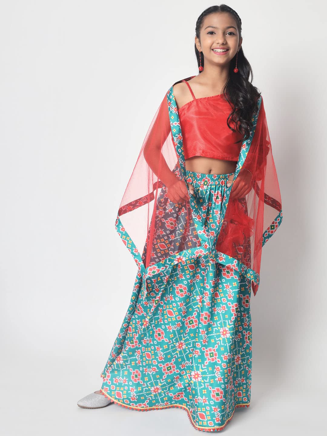 studio rasa Girls Poly Silk Printed Bias Kids Skirt for Wedding Party Festive(GSC12304/7-8_Rama Green_7-8yrs) 3