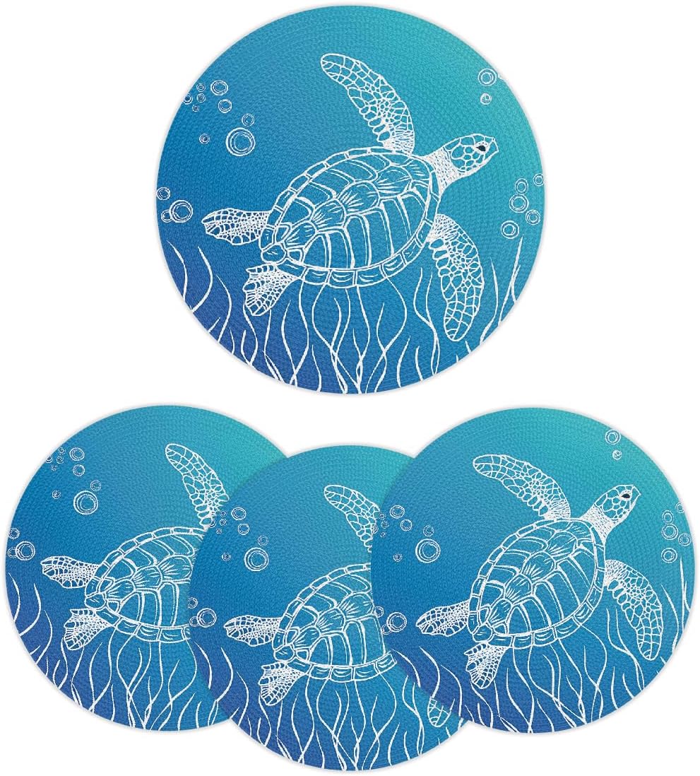 Ocean Sea Animal Turtle Tortoise Round Placemats Set of 6 Woven Braided Place Mat Heat Resistant Washable Table Mats for Dining Table Kitchen, 15 in