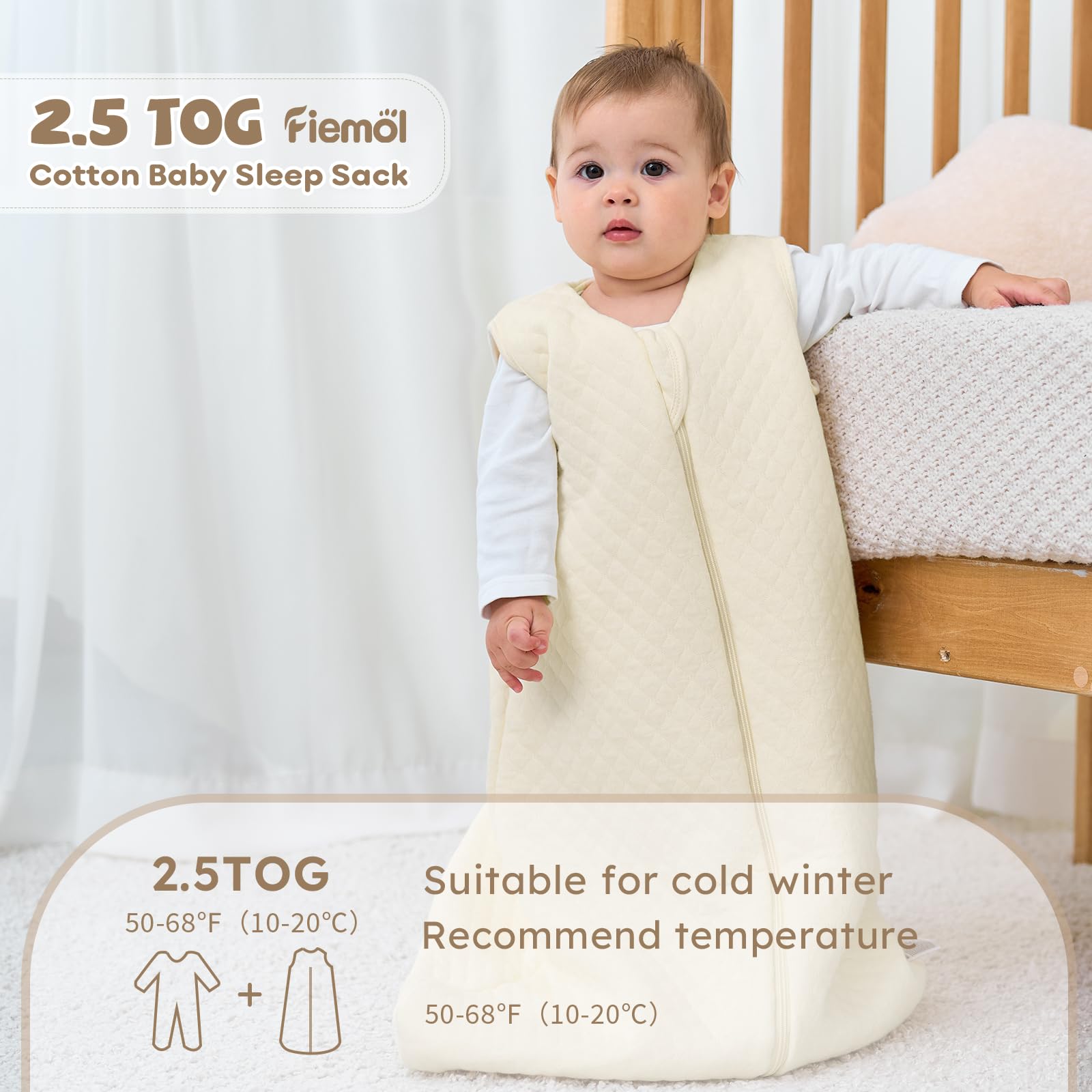 FIEMOL Sacco Nanna Invernale 2,5 Tog 12-18 mesi, Sacchi Nanna in Cotone per Neonato, Sacco a pelo per Neonati e Bambini, coperta indossabile con cerniera a 2 vie Beige