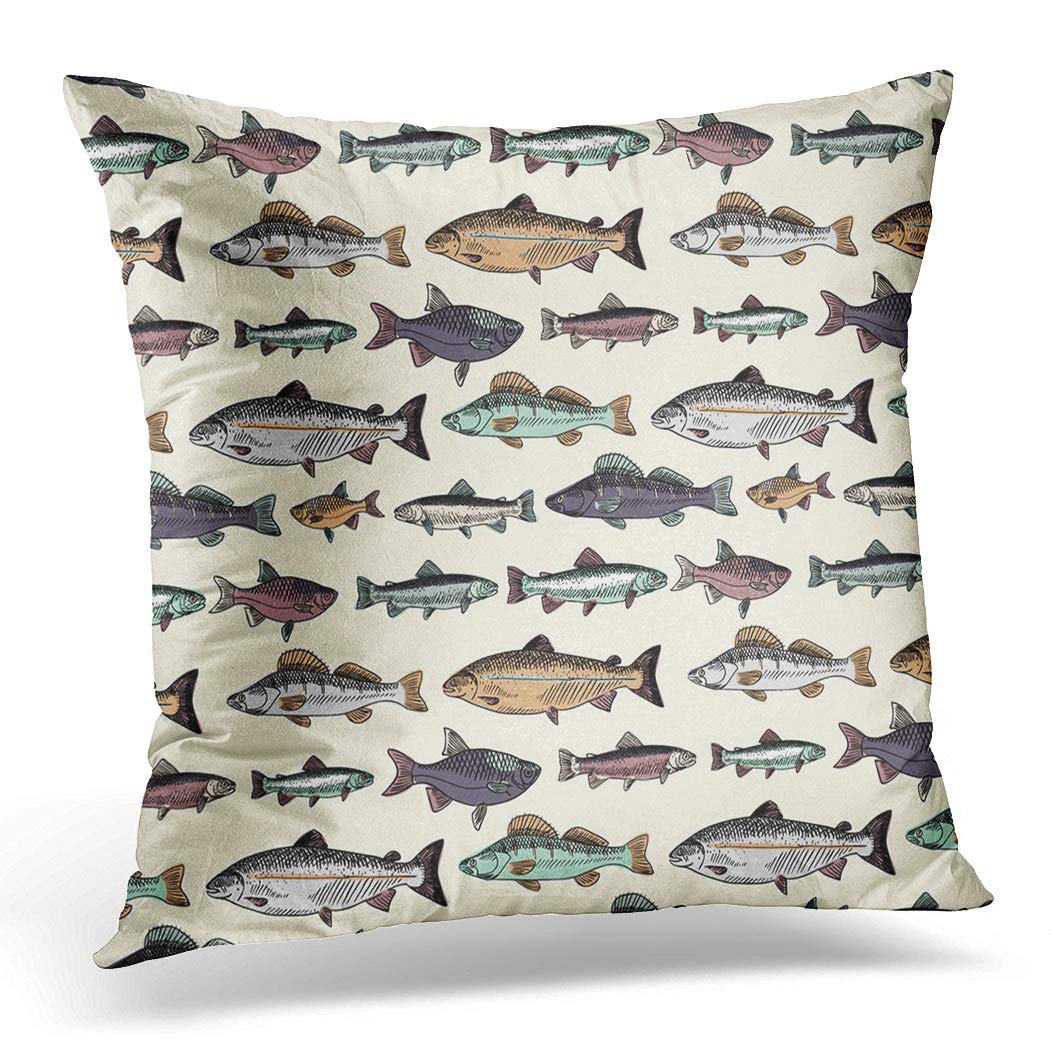 Topyee Cushion Cover Blue Fish Vintage Fishes Drawing Pattern Salmon Trout Fishing 45x45cm/18x18 Inch Home Decor Throw Pillow Cover Square Pillowcase for Bed Sofa