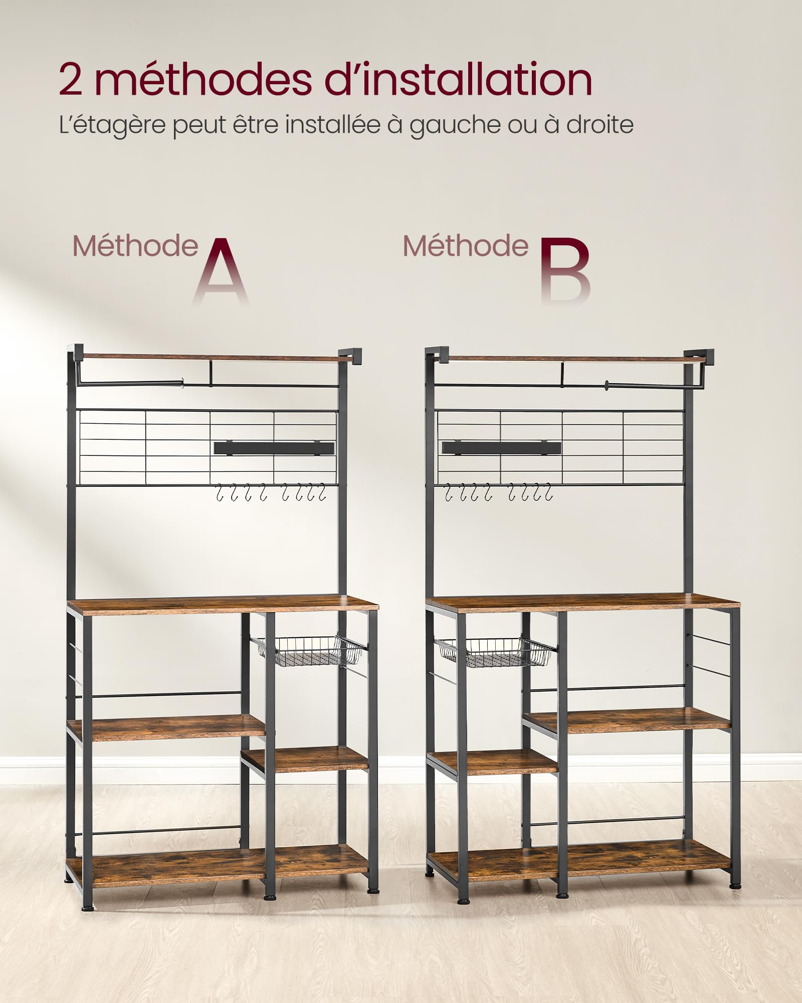 VASAGLE Étagère de Cuisine, Meuble de Rangement, Îlot de Cuisine avec Support Magnétique pour Couteaux, Panier Métallique, Support pour Essuie-Tout, 12 Crochets, Marron Rustique et Noir KKS026B01
