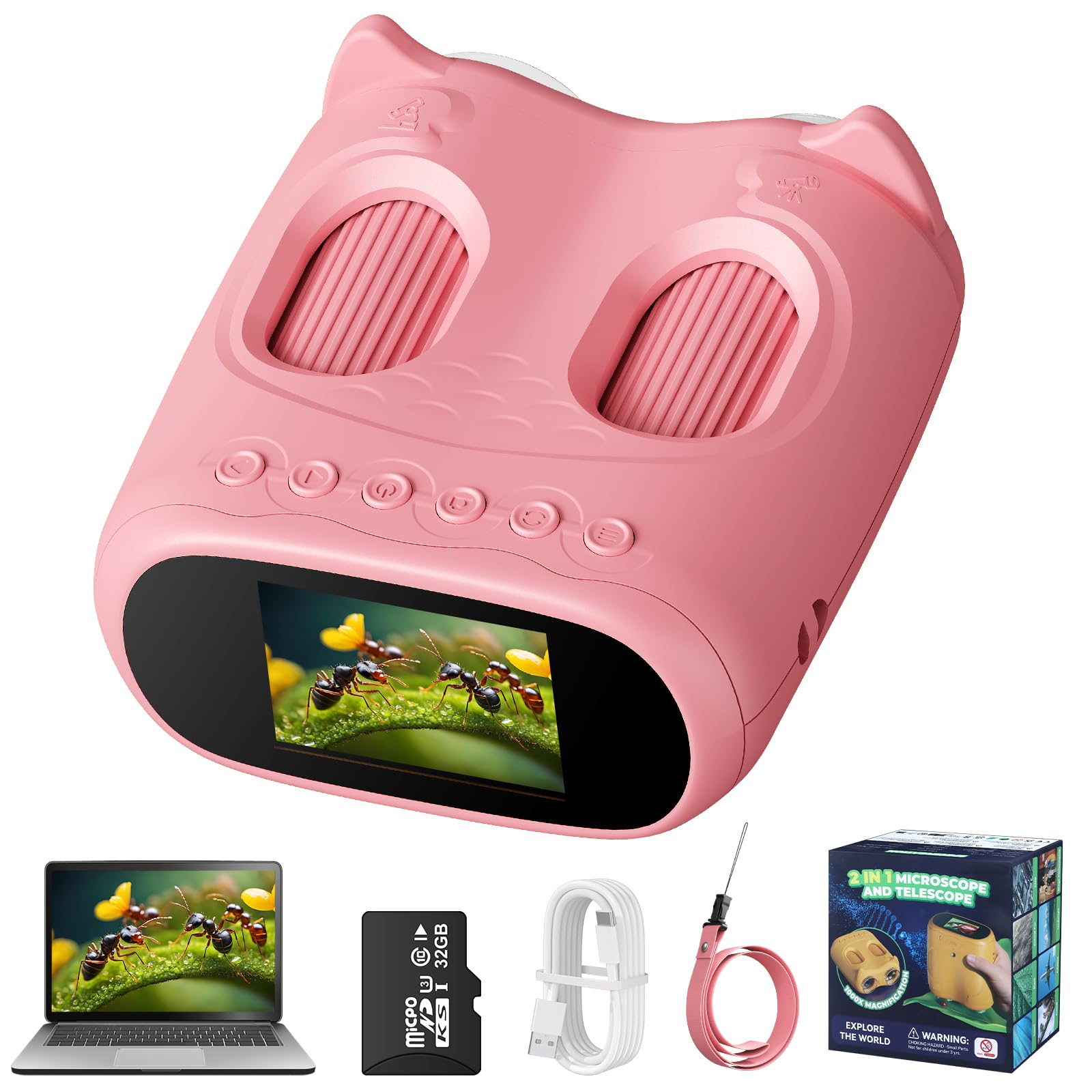2 in 1 Microscopio Bambini e Telescopio, Microscopio Digitale Bambini con Scheda 32GB, 1000X Microscopio Portatile con Schermo IPS da 2,0 Pollici e 8 Luci LED, Regalo per Bambini dai 3 Anni