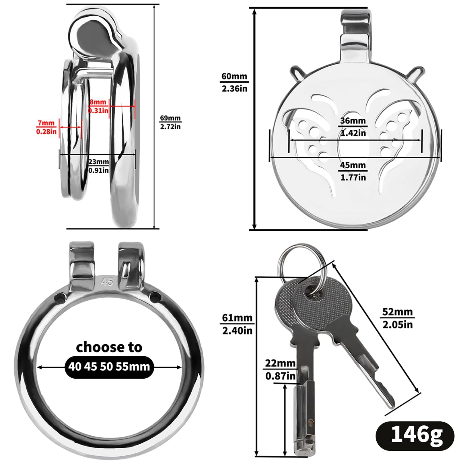 Jaula de castidad de acero inoxidable con diseño de mariposa para hombres con cerradura oculta y anillo base, dispositivo de castidad masculino de placa plana (45mm+Belt)