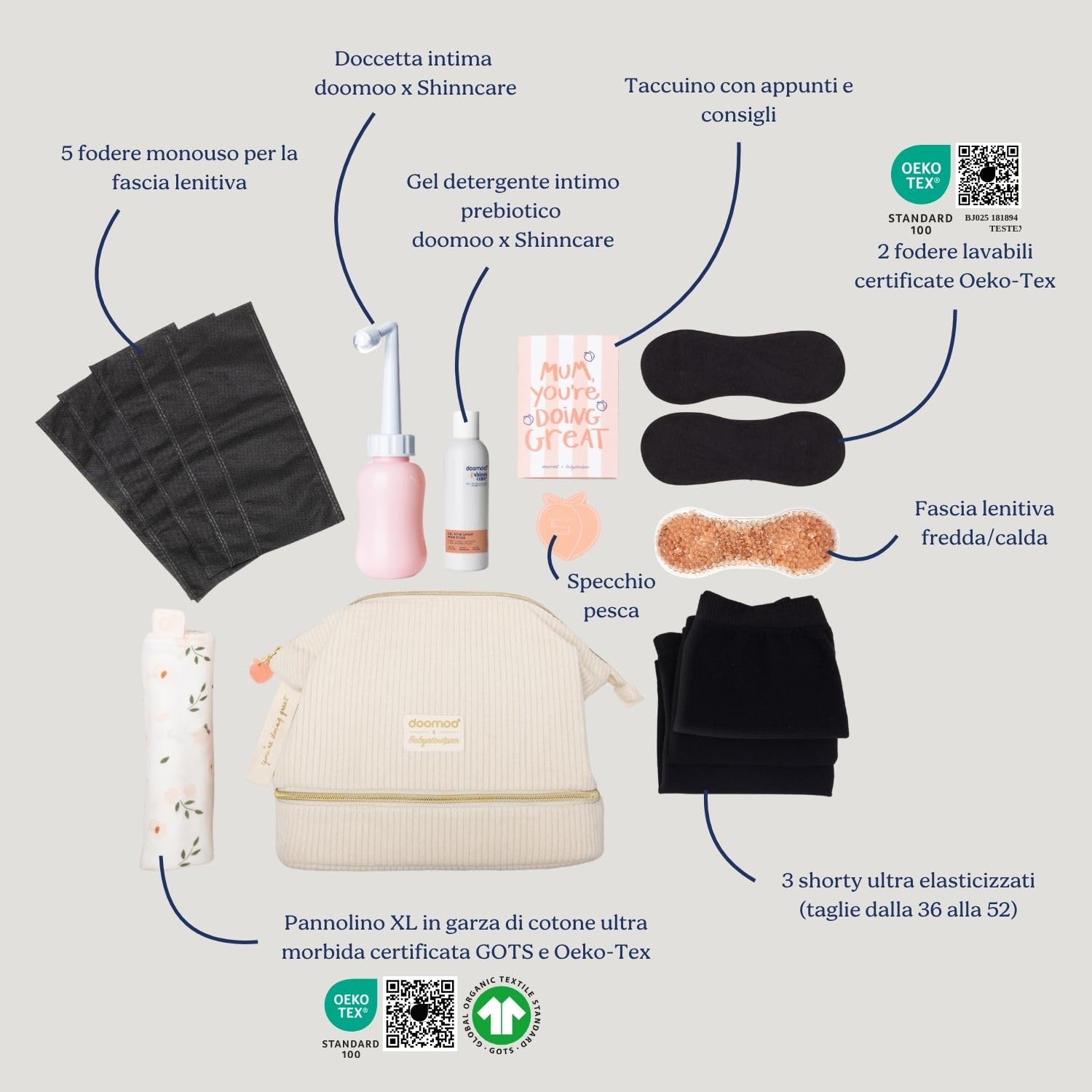 doomoo Mommy Vanity Postpartum Care Set da 8 pezzi con doccia per i glutei, lozione per il lavaggio intimo, fasce rinfrescanti e biancheria intima puerperale, grande beauty case con accessori