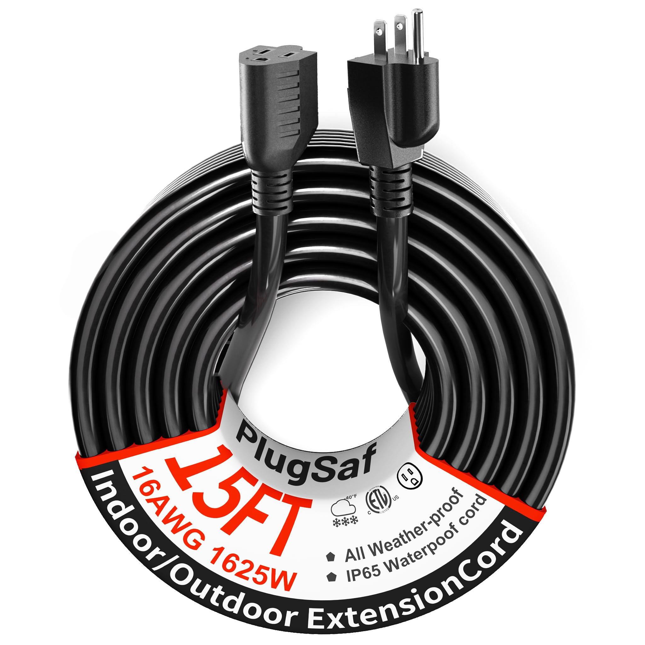 PlugSaf Black Outdoor Extension Cord 15 ft 16/3 Gauge Waterproof, Cold Weatherproof -58°F, Flame Retardant, Flexible 3 Prong Electric Cord for Lawn