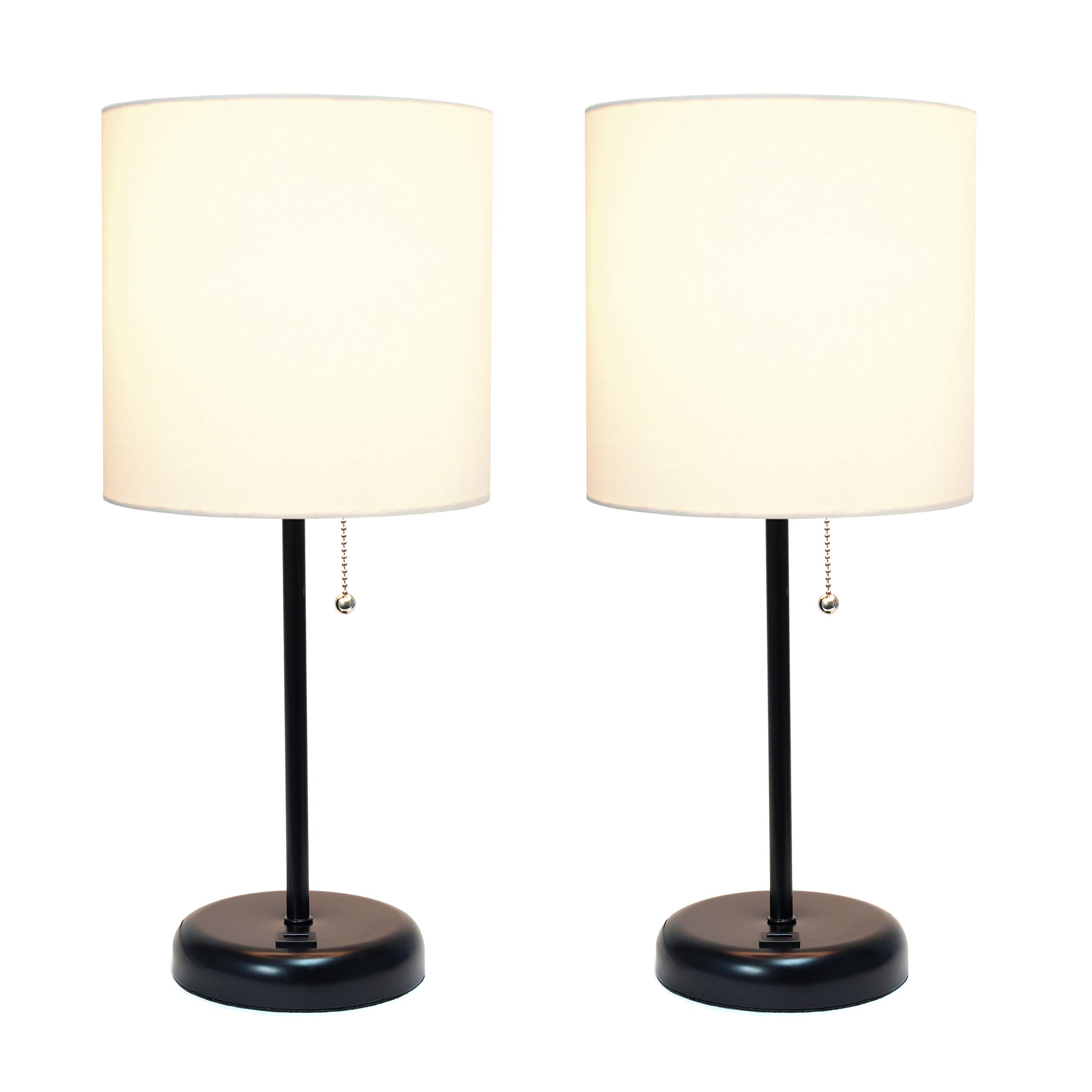 Limelights LC2002-BAW-2PK Black Stick Lamp with USB Charging Port and White Fabric Shade 2 Pack Table Desk Lamp Set