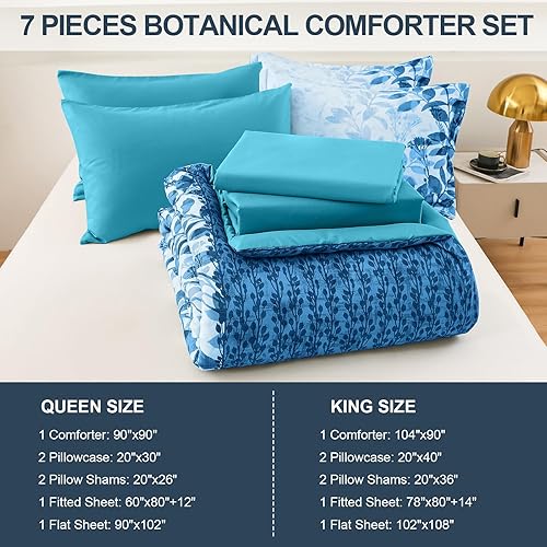 Miniatura 7 de Juego de edredón azul Queen con hojas botánicas en una bolsa, juego de edredón de 7 piezas con sábanas, juego de ropa de cama floral de microfibra