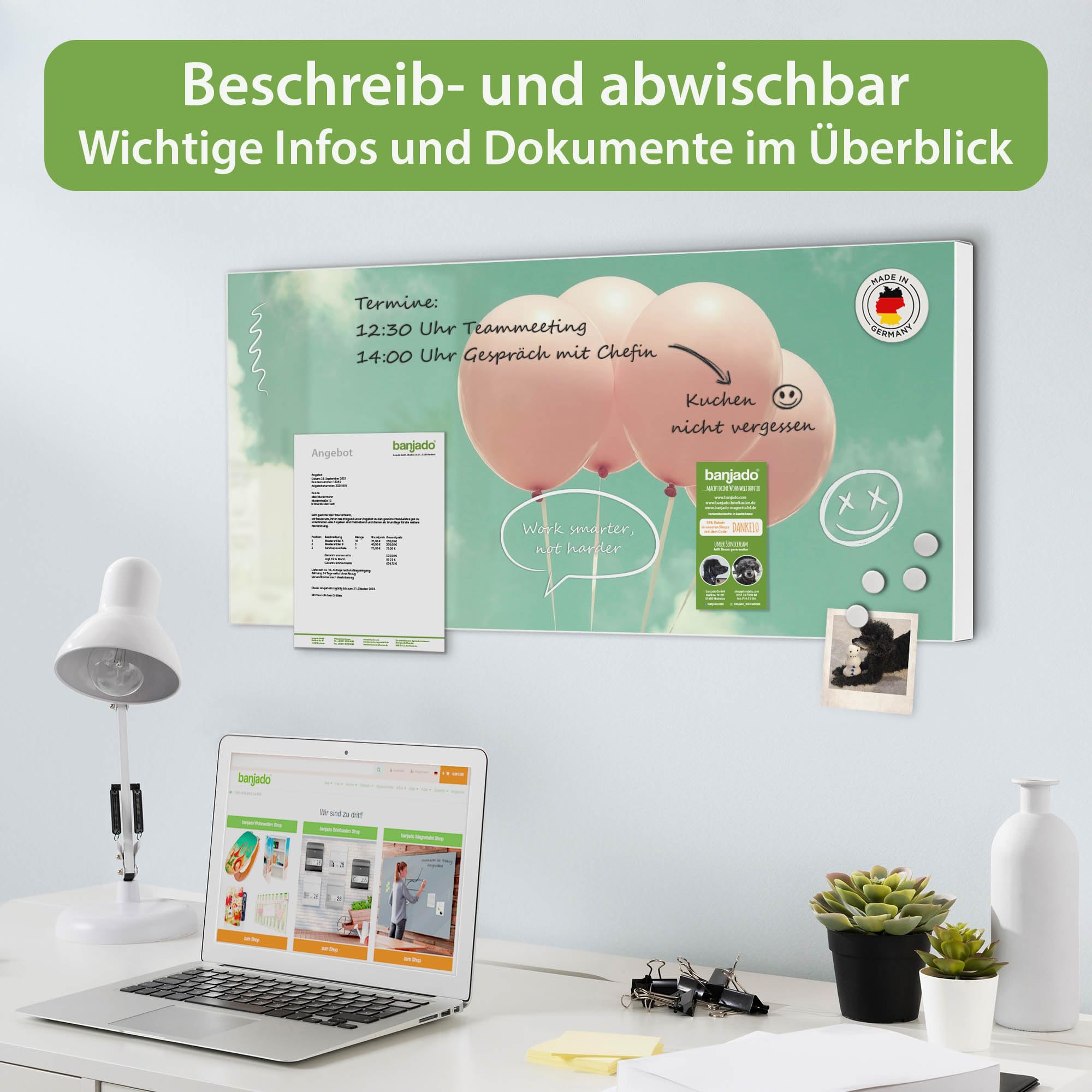 banjado Magnettafel Metall 78 x 37cm - beschreibbare Magnettafel - Metall Pinnwand als Memoboard - Magnetwand Küche, Büro, Kinderzimmer Weiß inkl. 4 Magnete & Montageset - Motiv Rosa Ballons