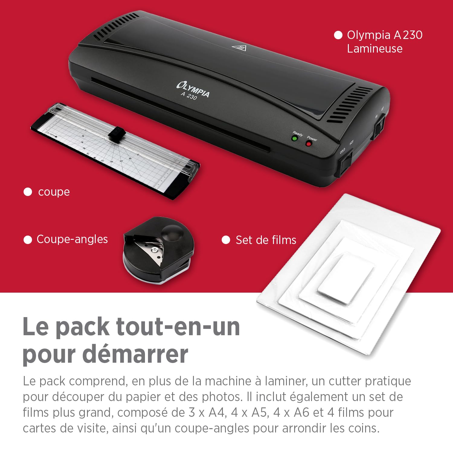 Olympia Plastifieuse A4 4 en 1 avec arrondisseur d'angle, coupe-papier et films de plastification