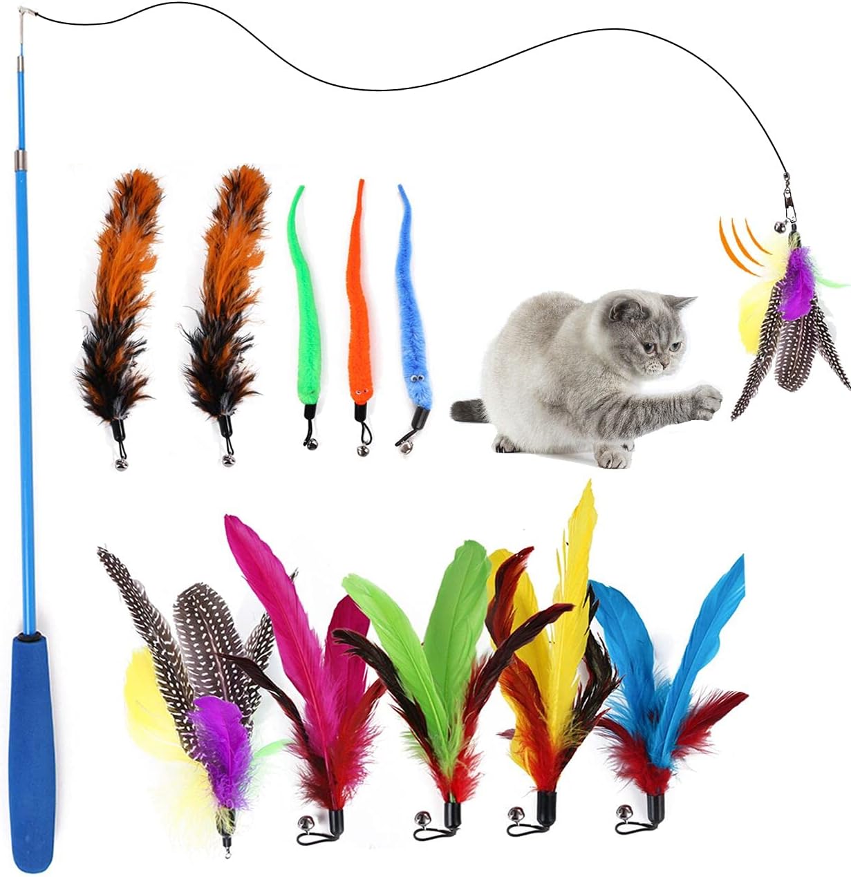 Interactive Cat Toys - Cat Feather Toys - 11 pcs Pet Feather for Interactive cat Toy Worm Toy Bells Cat Toy - Cat Toy Interactive Cat…