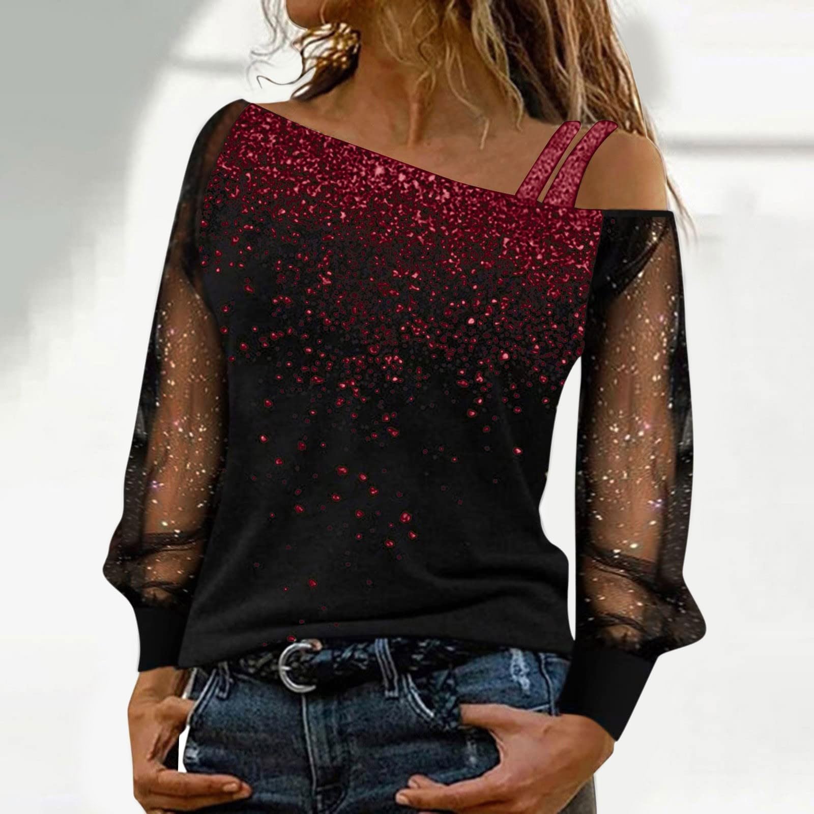 Chemisier Carnaval Femme Chic Brillantes Manches Longues T-Shirt d'automne Chemise Paillette Noël Haut Tops Pullover Brillant Blouses Paillettes Tee Shirt Sequins Coeur Fille