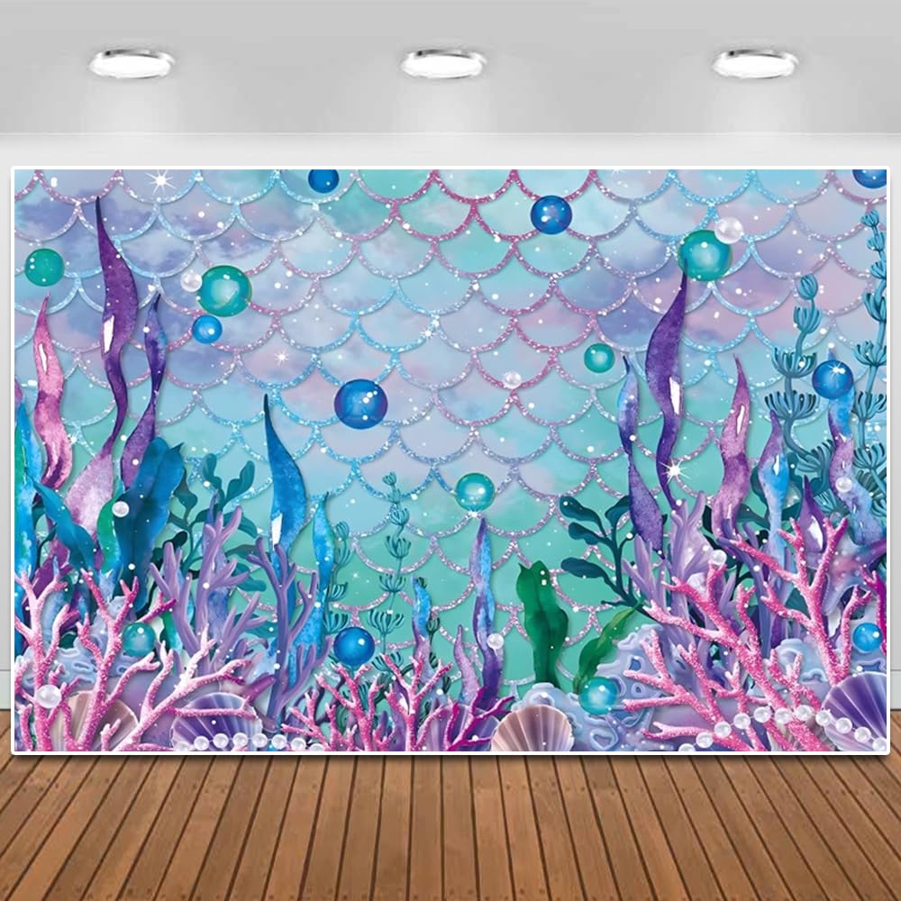 Under The Sea Backdrop Mermaid Girl Birthday Decorations Backdrop Purple Blue Seaweed Glitter Scales Underwater Photography Backgrpund Party Cake