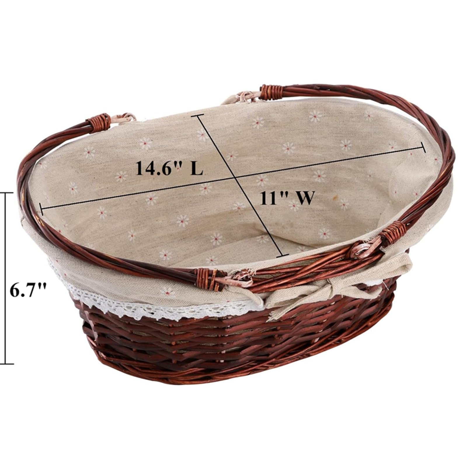 Dicunoy Wiklinowy kosz piknikowy z uchwytem, pusty kosz prezentowy, kosz wielkanocny z wkładką, organizer na owoce, cukierki, wino, zbieranie jajek, ślub, 32 cm dł. x 25 cm szer. x 12,7 cm wys
