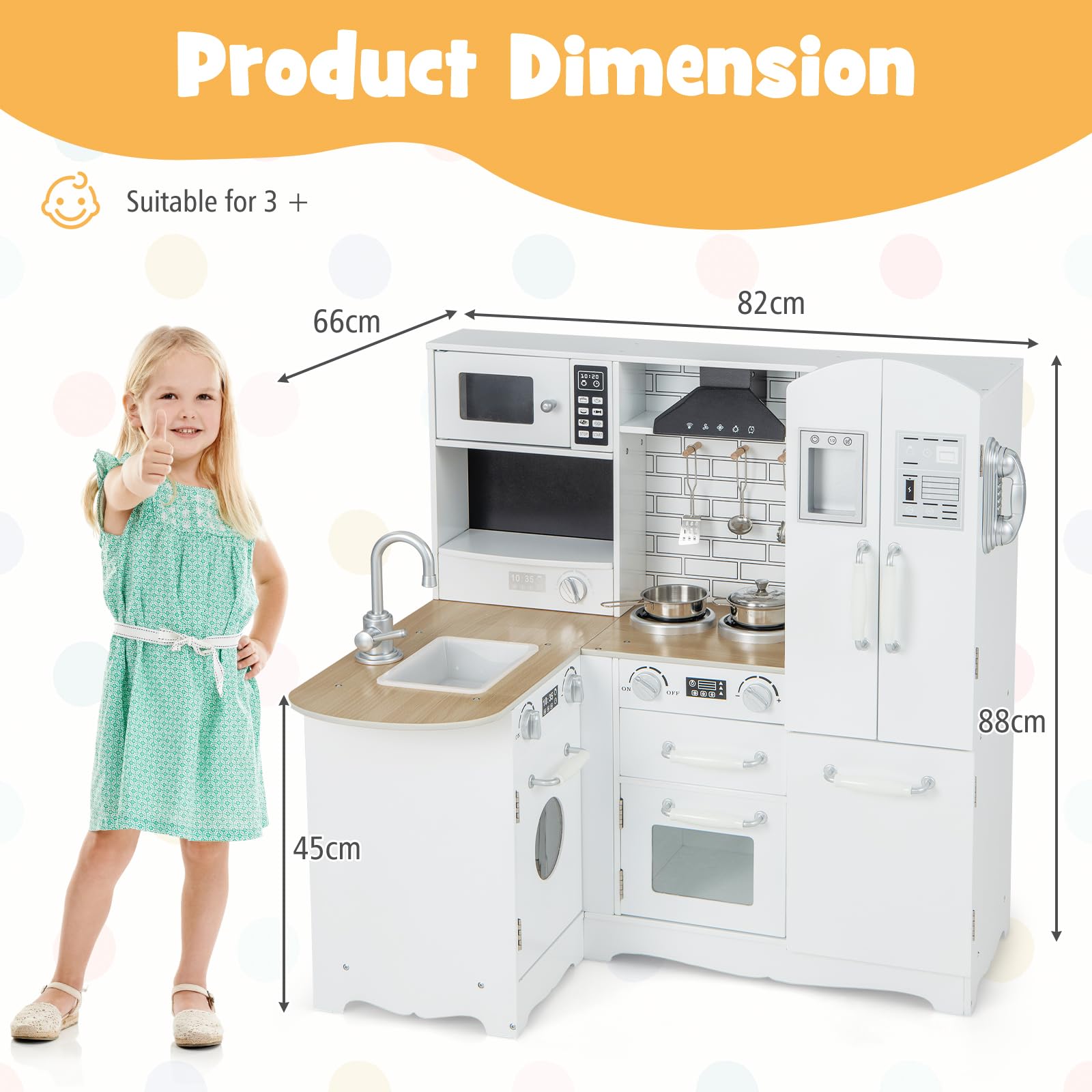 HOMASIS Kinderküche mit Licht & Sound, Küchenset mit Waschbecken Herd Backofen Kühlschrank, Spielzeugküche inkl. Topf & 3 Kochgeschirr, Kinder Spielküche Eckküche Holz für Kinder ab 3 Jahre (Luxus)