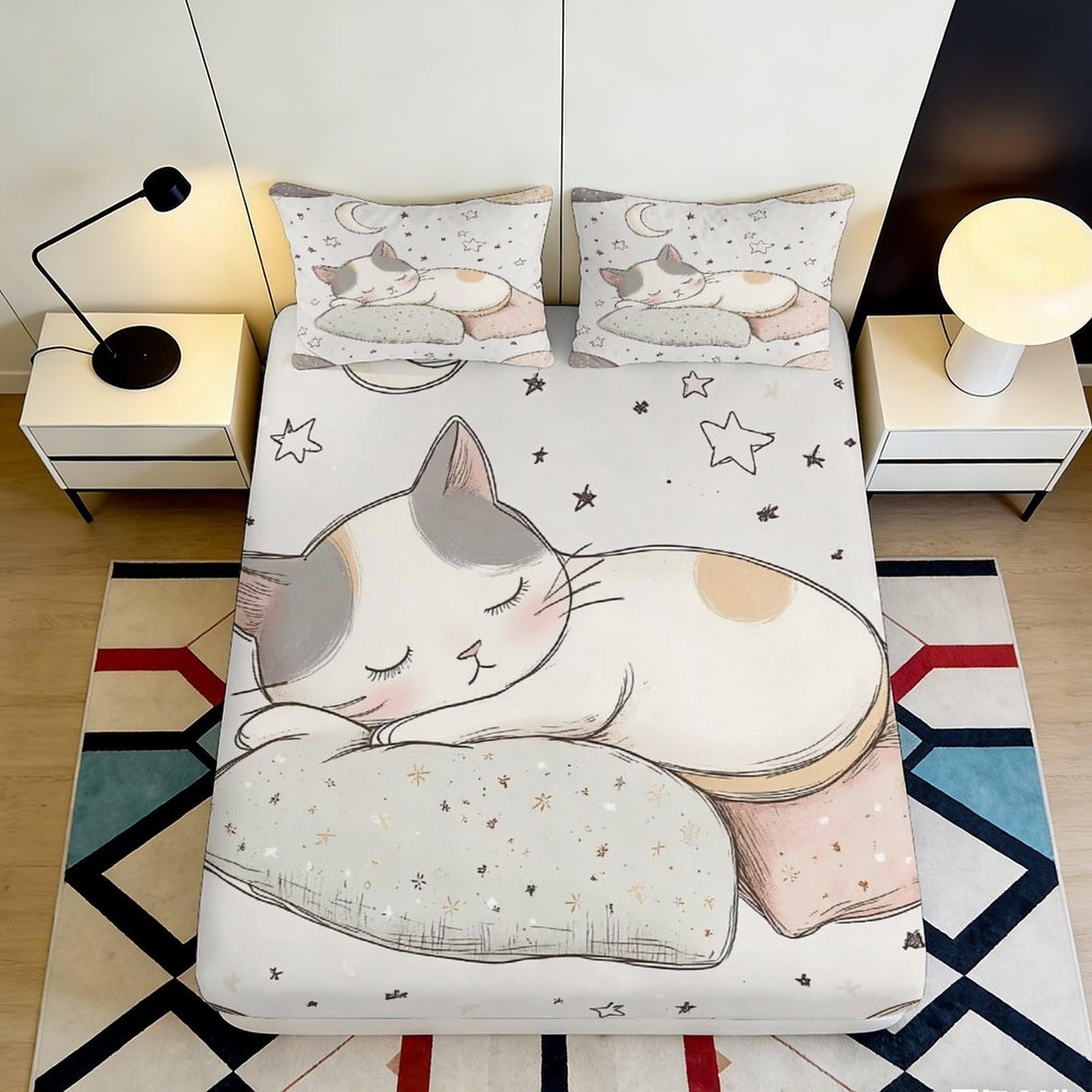 3D Printed Cute Sleeping Cat Fitted Sheet Microfiber Soft Cartoon Star Mattress Cover for Bedroom Dorm Decor Easy Care 90x200x25cm