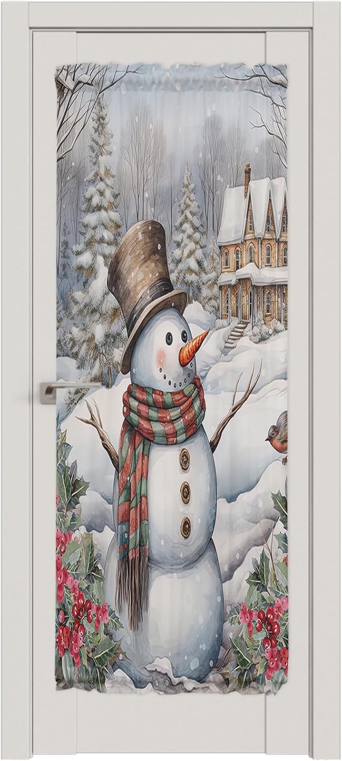 Christmas French Sidelight Front Door Curtain for Door Window,Side Door Drape Rod Pocket Drapery for Kitchen Patio Doors,Retro Winter Snowman Farmhouse Birds 1 Panel with Tieback,54"x 72"