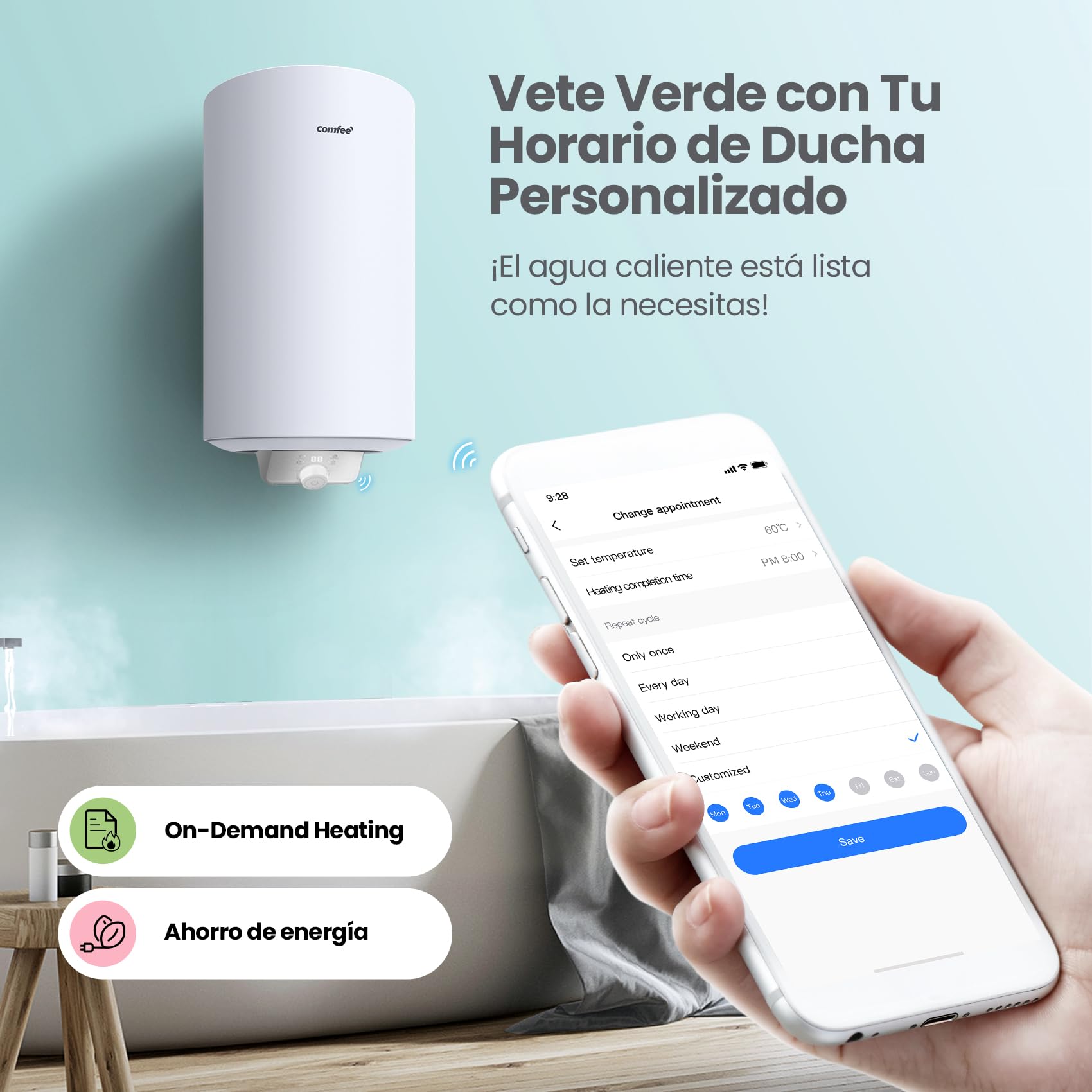 COMFEE' D50-15EFG Calentador de agua eléctrico mural de Accumolo 50 L Sobre fregadero de acumulación Compacto fácil de instalar, Blanco | Control Remoto por APP, Tamaño Compacto, Fácil Instalación, Clase B, 1500W Calentamiento rápido, Montaje sin Retaladr