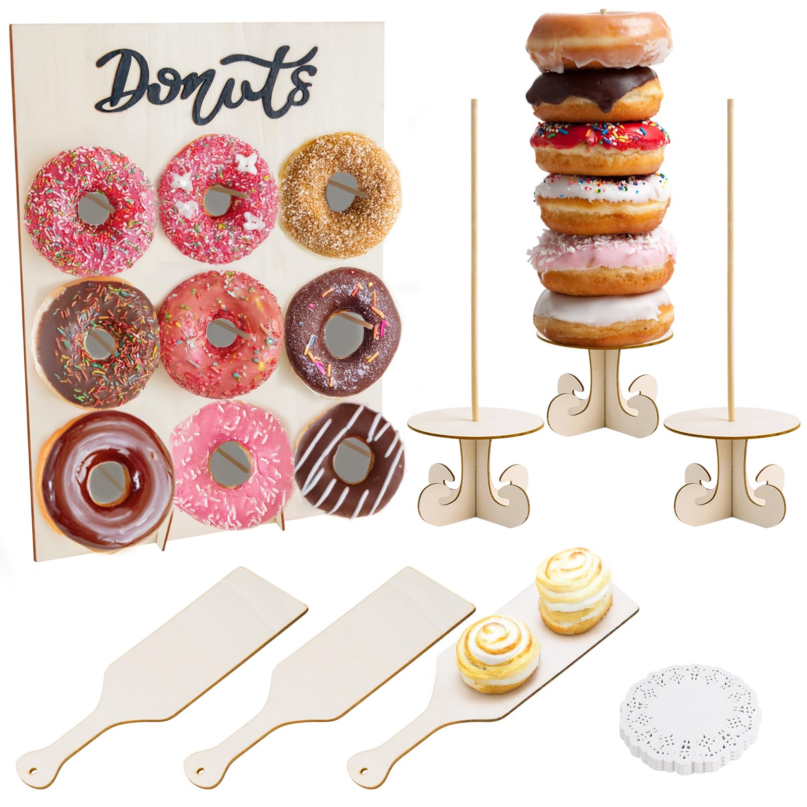 MOAMUN Wood Donut Stand Set, 1PC Wall 2PC Display Stand 3PC Board with 50 sheets of paper doilies, Reusable Donut Holder Stands for Birthday, Wedding, Party, Decor, Baby Shower