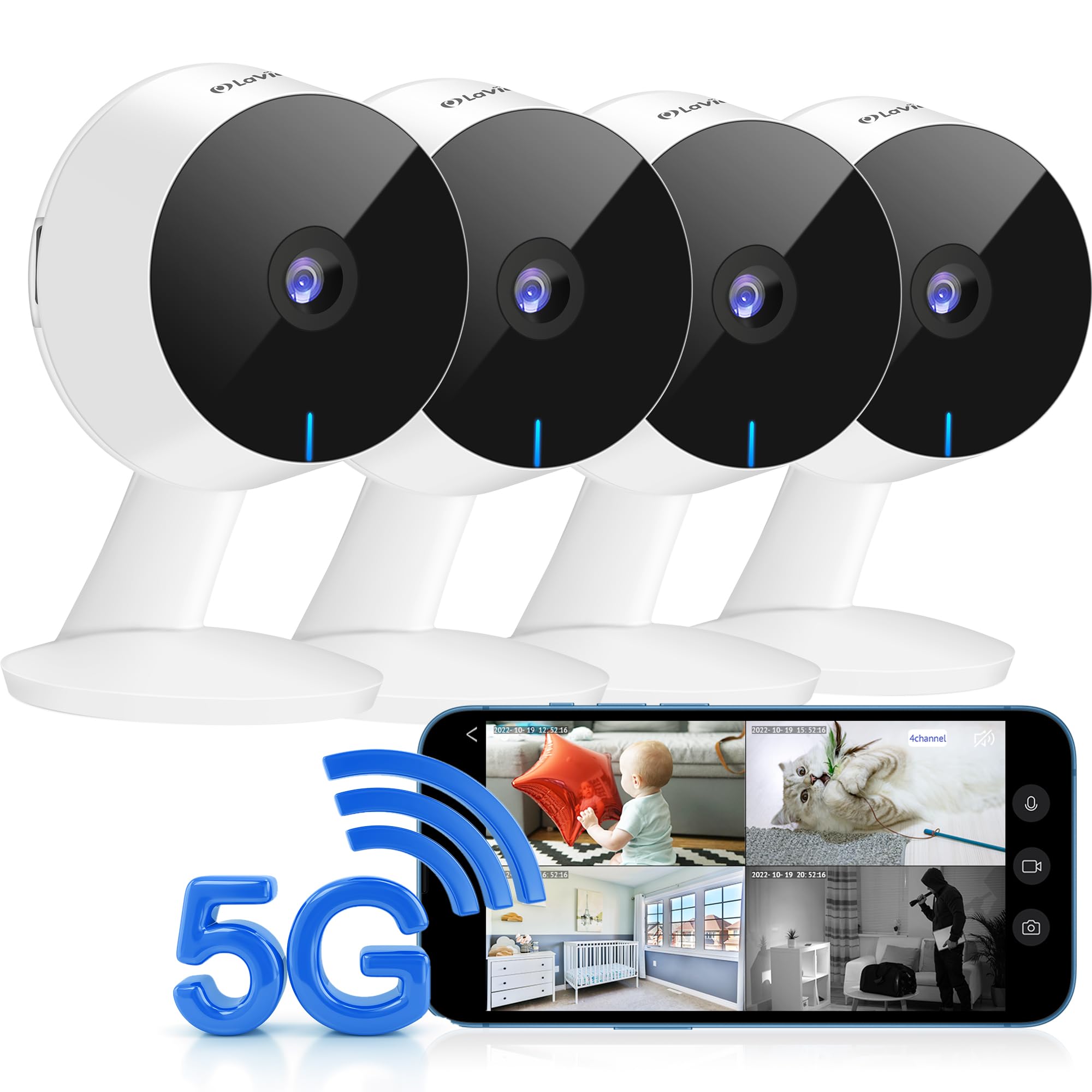 LaView 5G& 2.4GHz Security Cameras 4pcs, Home Security Camera Indoor 1080P, Wi-Fi Cameras Wired for Pet, Motion Detection, Two-Way Audio, Night Vision, Works with Alexa, iOS & Android & Web Access