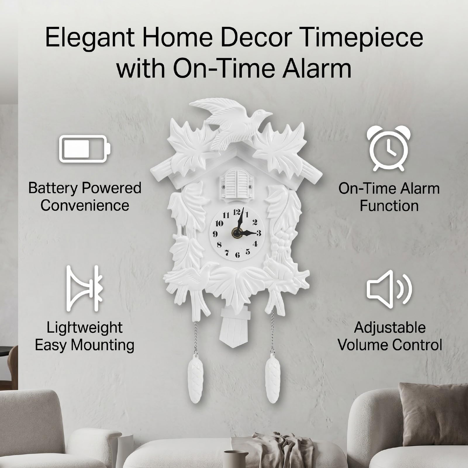 Elprico Orologio a cucù, Orologio da Parete Moderno a Forma di con Volume Regolabile e Carillon Orario per la Decorazione della Casa della Camera da Letto del Soggiorno (WHITE)