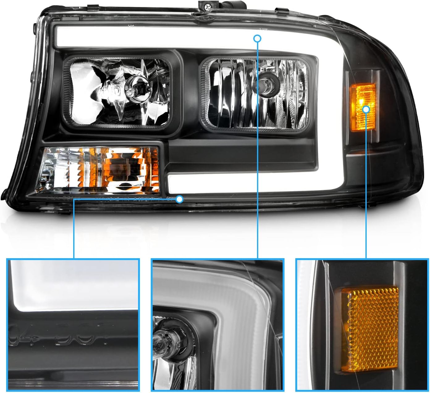 AmeriLite for Dodge 1997-2004 Dakota / 98-03 Durango C-Type LED Tube Black Replacement Headlight Set - Passenger and Driver Side